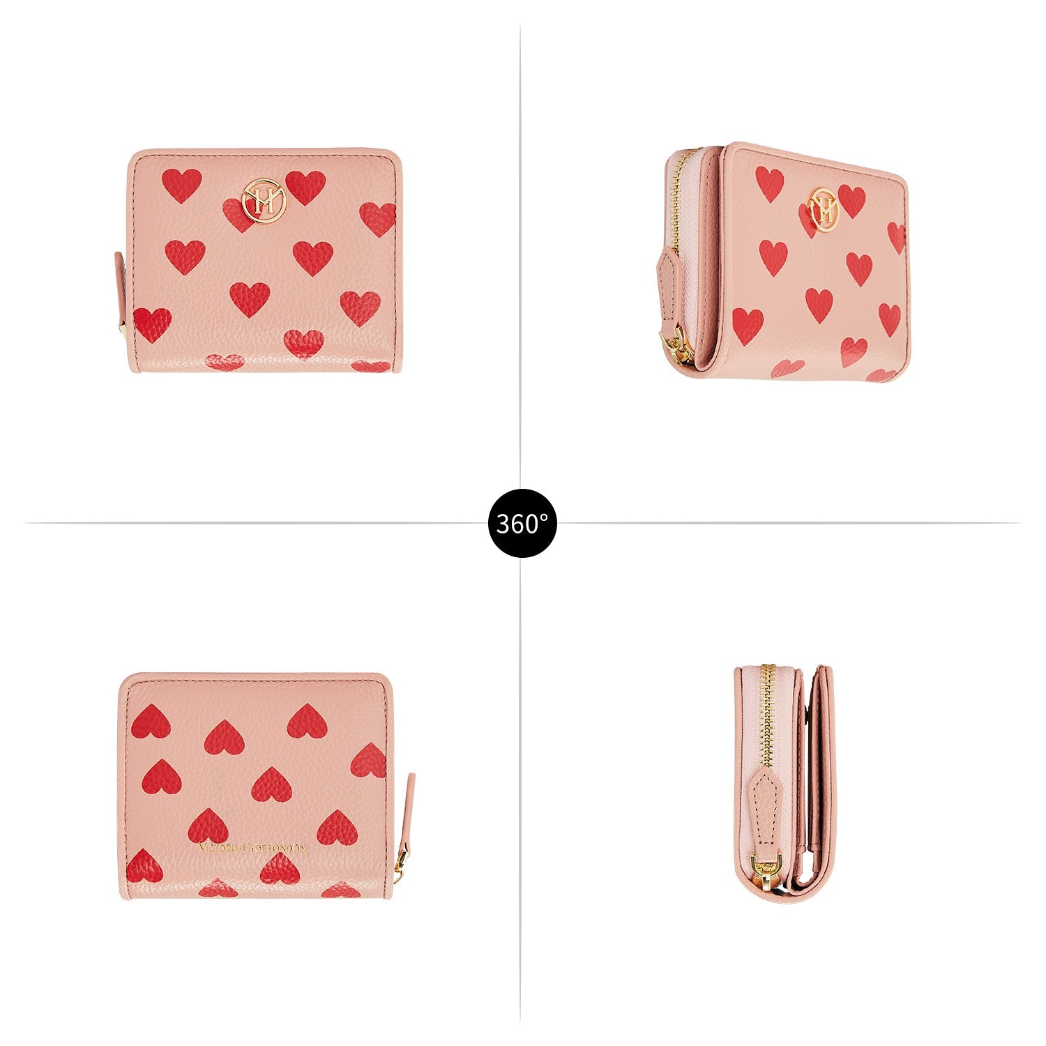 Victoria Hyde Avila pink leather wallet with lychee pattern, heart details, card slots, coin compartment, compact and stylish.