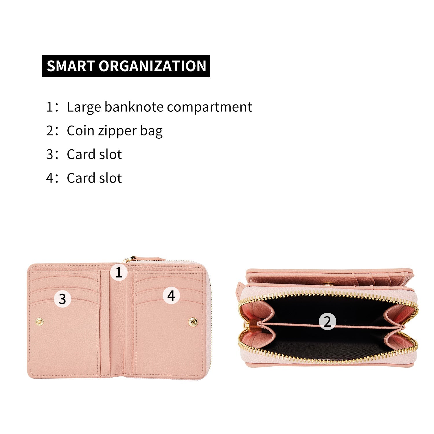 Victoria Hyde Avila pink leather wallet with lychee pattern, heart details, card slots, coin compartment, compact and stylish.