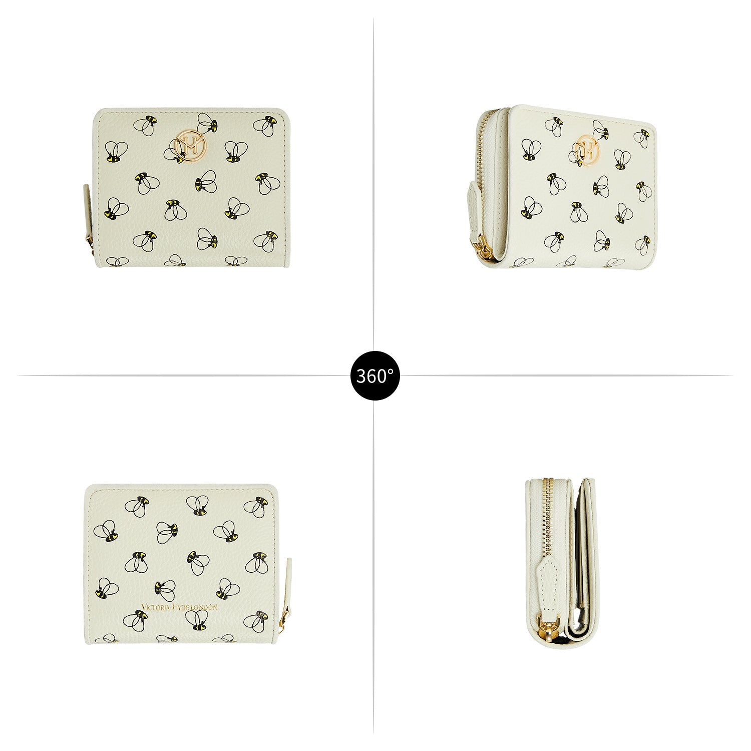 Victoria Hyde Avila white wallet, bee details,lychee pattern top grain leather, bee design, card slots, coin pocket, light gold hardware.