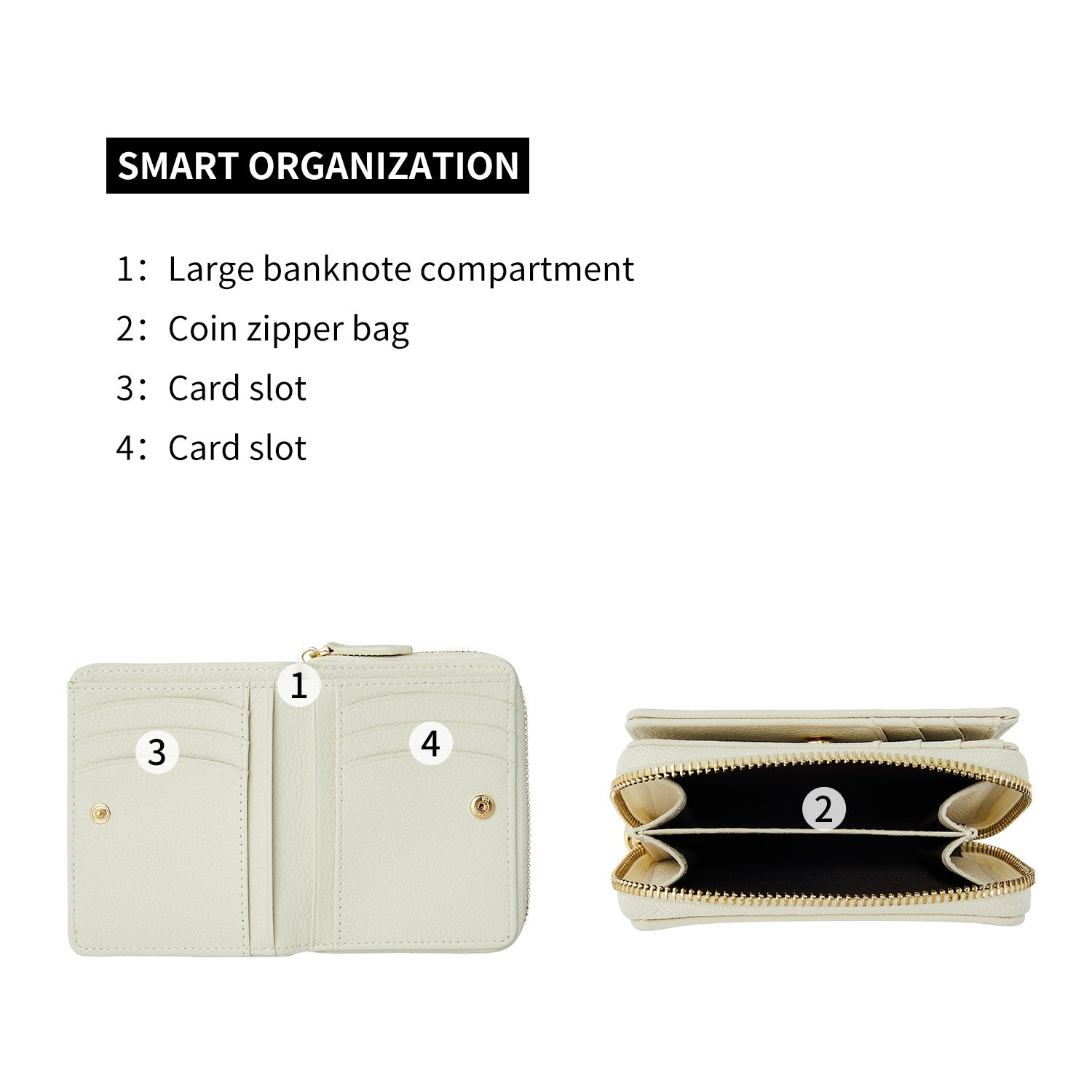 Victoria Hyde Avila white wallet, bee details,lychee pattern top grain leather, bee design, card slots, coin pocket, light gold hardware.