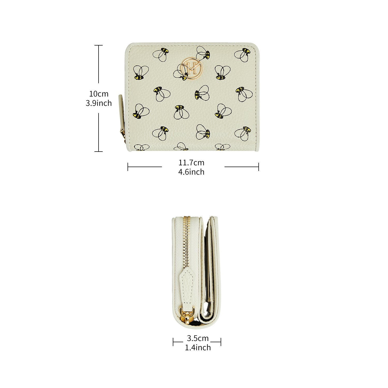 Victoria Hyde Avila white wallet, bee details,lychee pattern top grain leather, bee design, card slots, coin pocket, light gold hardware.