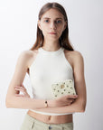 Victoria Hyde Avila white wallet, bee details,lychee pattern top grain leather, bee design, card slots, coin pocket, light gold hardware.