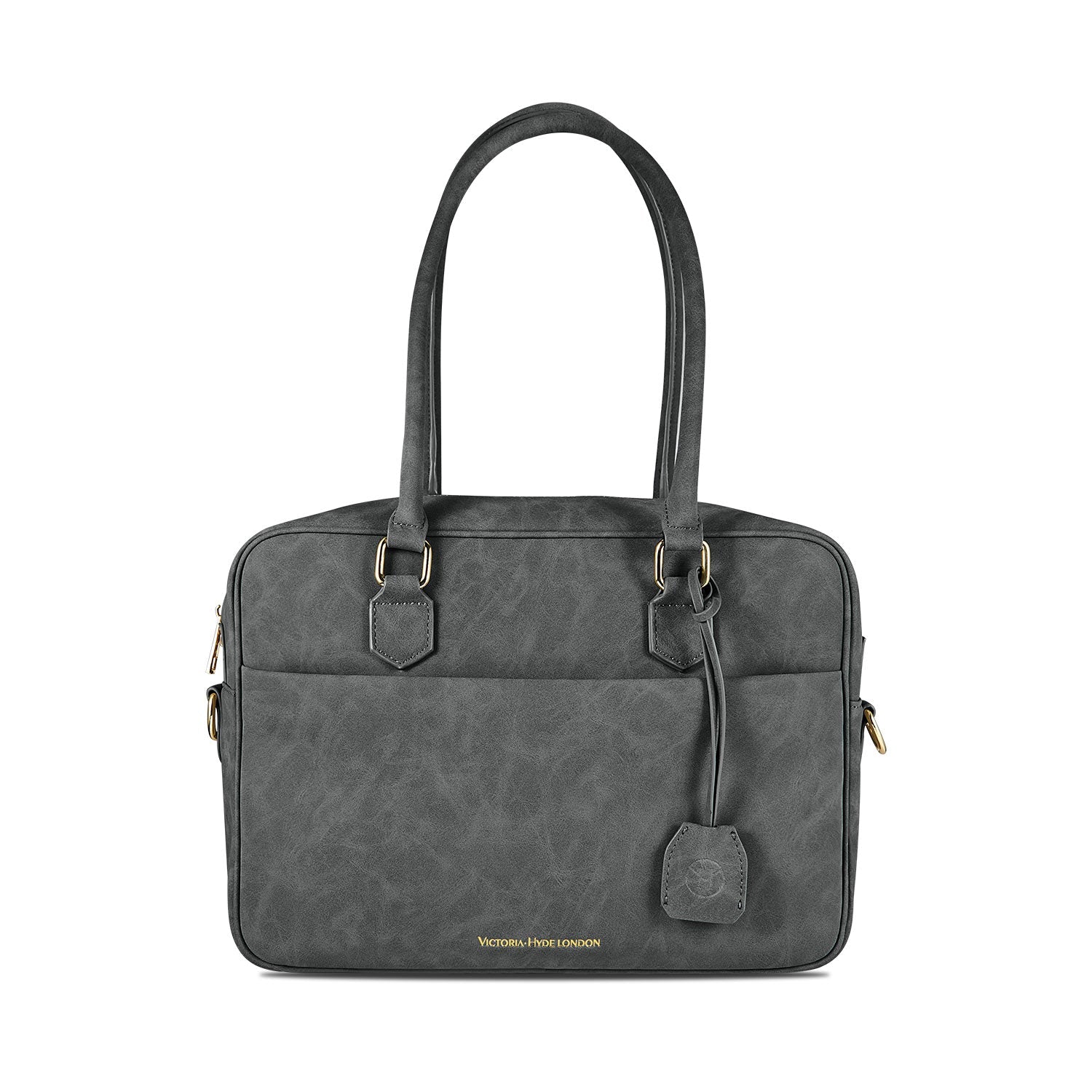 Victoria Hyde Margaret Large Gray work bag with 13" laptop compartment, removable cosmetic pouch, vegan, water-repellent, smart organization.