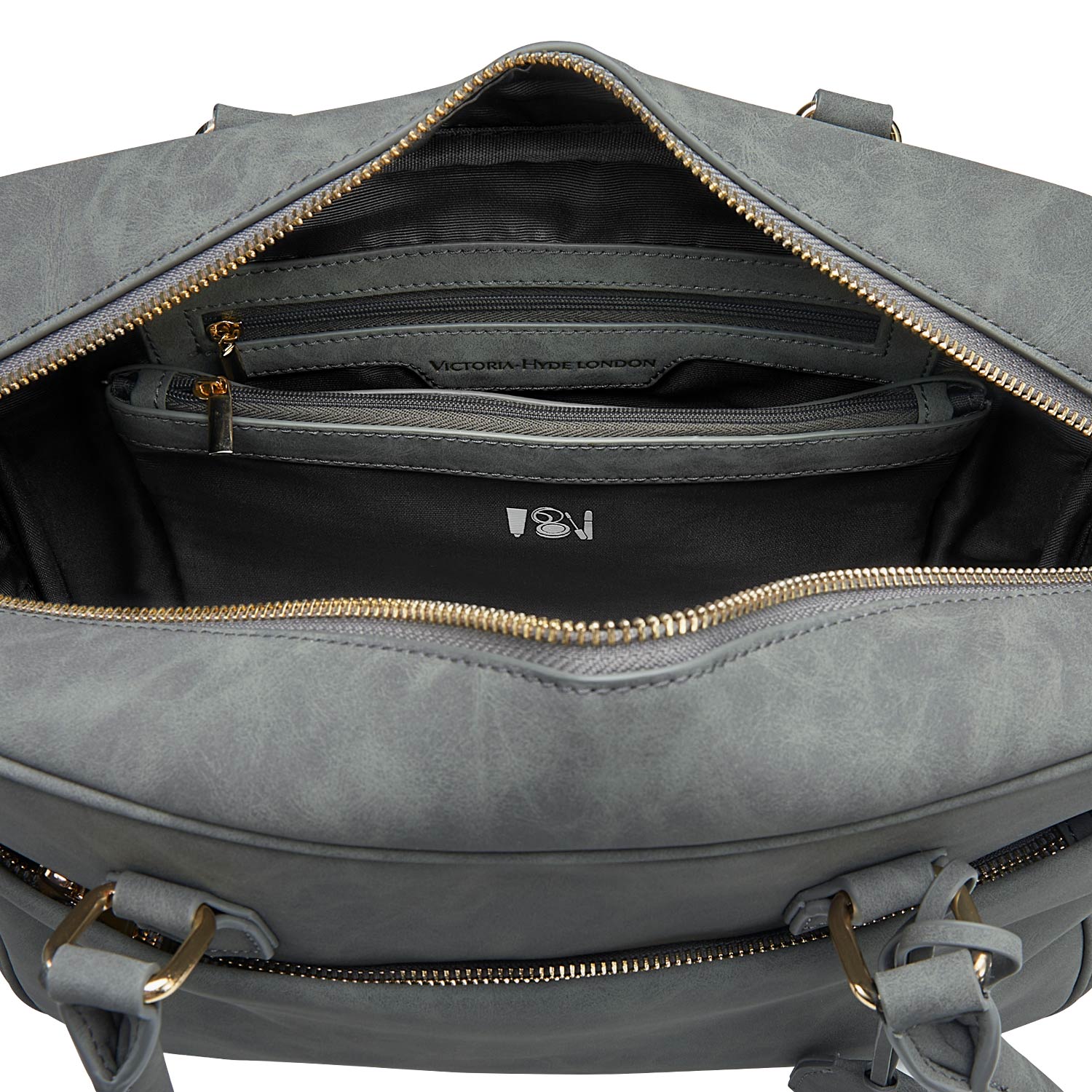 Victoria Hyde Margaret Large Gray work bag with 13" laptop compartment, removable cosmetic pouch, vegan, water-repellent, smart organization.