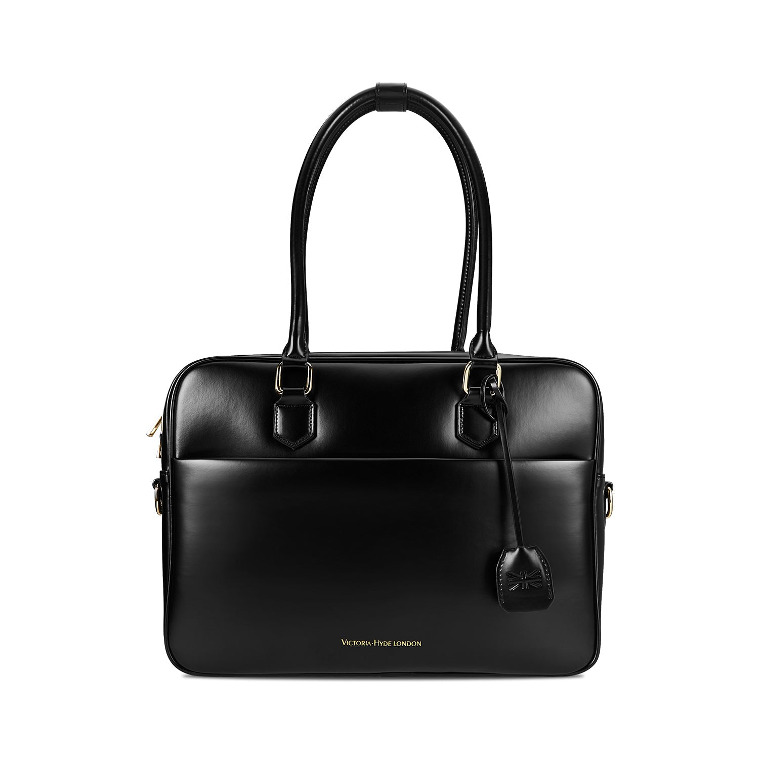 Victoria Hyde Margaret large black work bag with 13" laptop compartment, removable cosmetic pouch, vegan, water-repellent, smart interior.