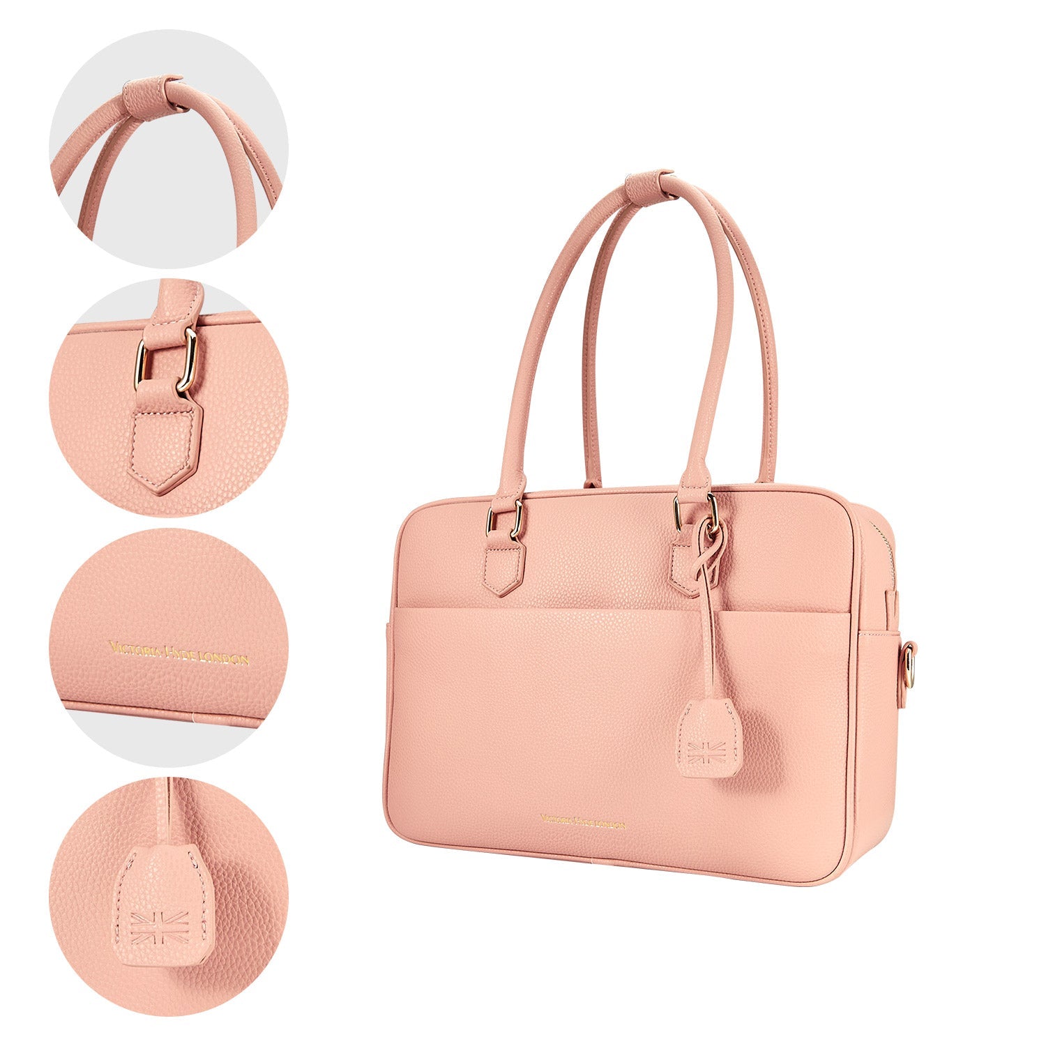 Victoria Hyde Margaret Large Pink work bag – padded 13" laptop compartment, vegan microfiber leather, water-repellent, smart organizer, perfect for professional women.
