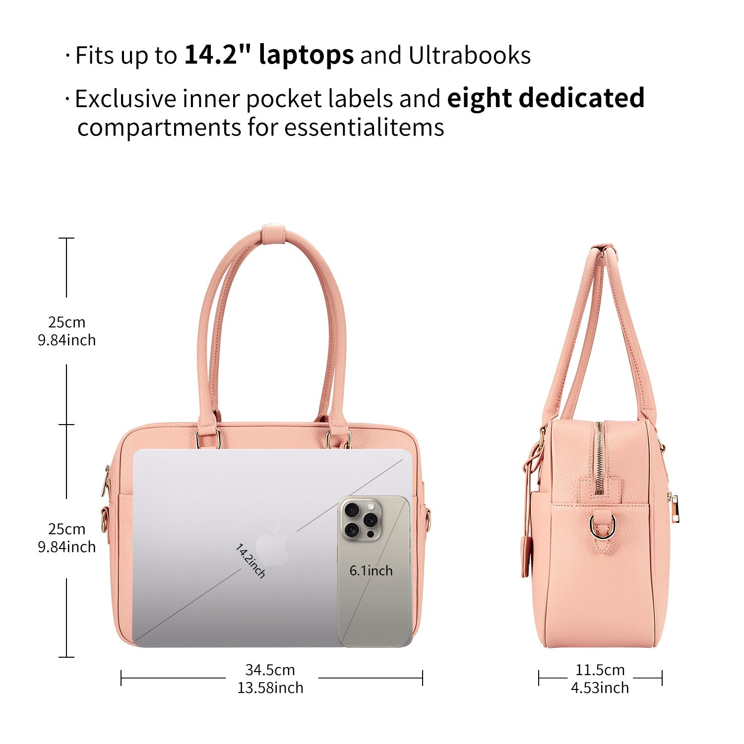 Victoria Hyde Margaret Large Pink work bag – padded 13" laptop compartment, vegan microfiber leather, water-repellent, smart organizer, perfect for professional women.