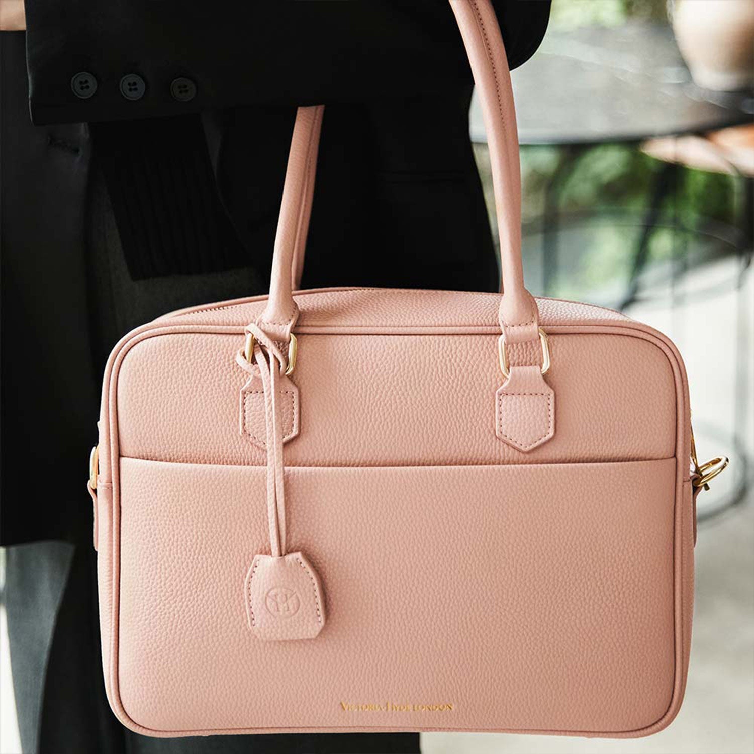 Victoria Hyde Margaret Large Pink work bag – padded 13" laptop compartment, vegan microfiber leather, water-repellent, smart organizer, perfect for professional women.