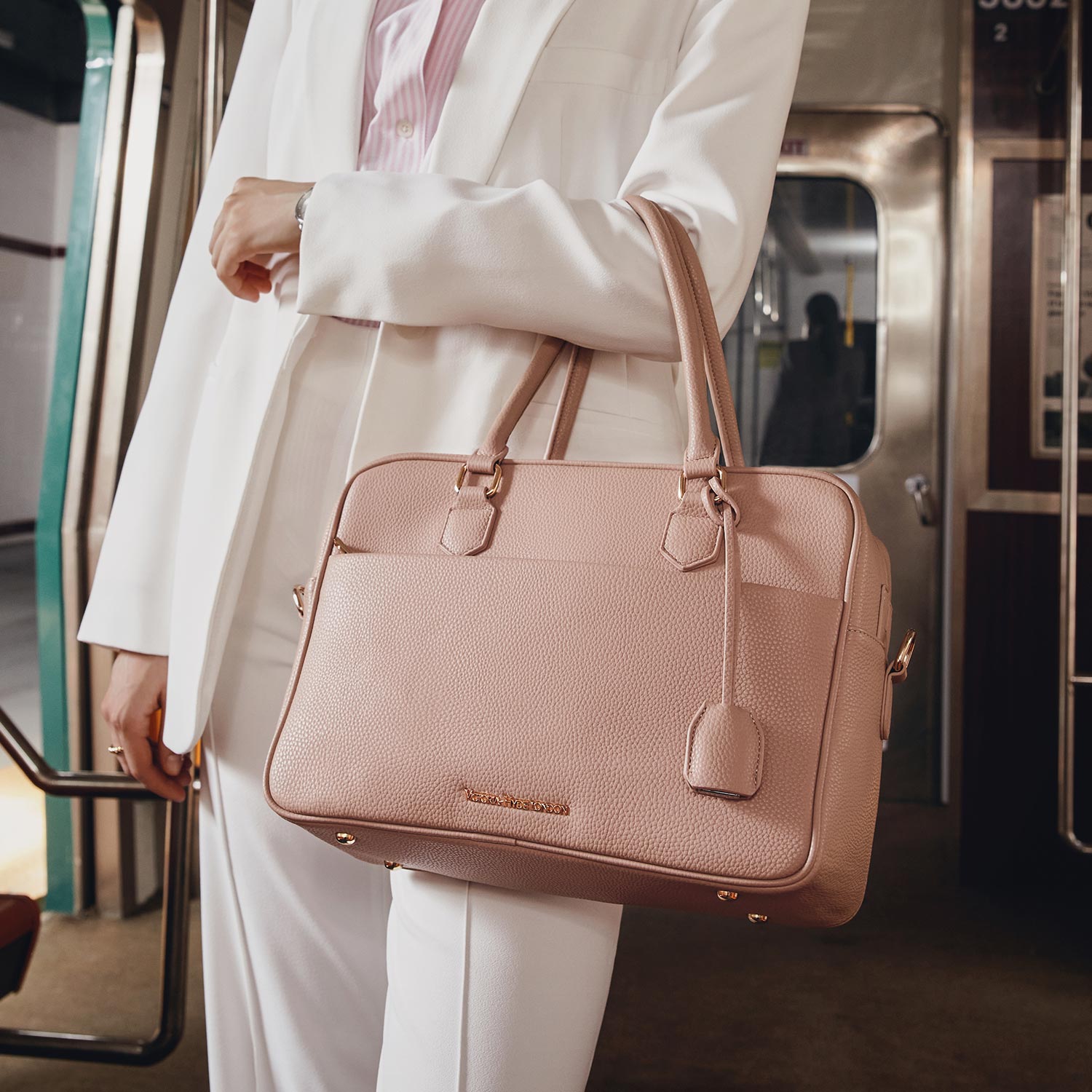 Victoria Hyde Margaret Large Pink work bag – padded 13" laptop compartment, vegan microfiber leather, water-repellent, smart organizer, perfect for professional women.
