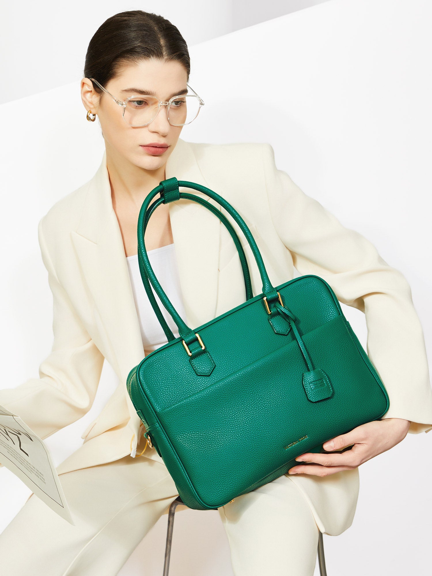 Victoria Hyde Margaret large green work bag with 13" laptop compartment, removable cosmetic pouch, vegan, water-repellent, smart interior.