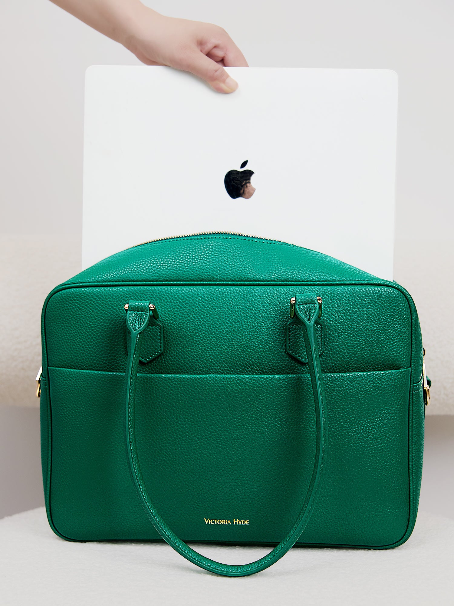 Victoria Hyde Margaret large green work bag with 13" laptop compartment, removable cosmetic pouch, vegan, water-repellent, smart interior.