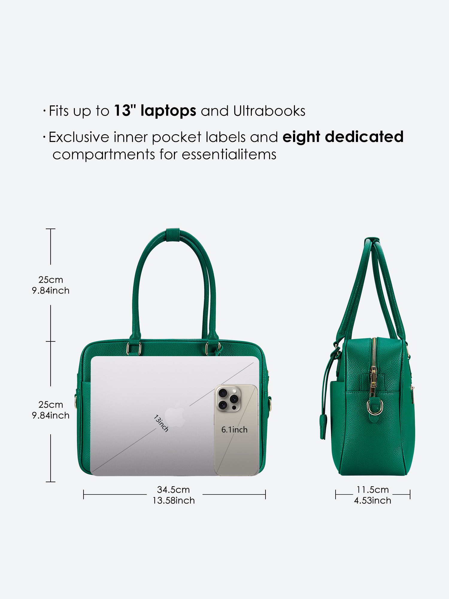 Victoria Hyde Margaret large green work bag with 13" laptop compartment, removable cosmetic pouch, vegan, water-repellent, smart interior.
