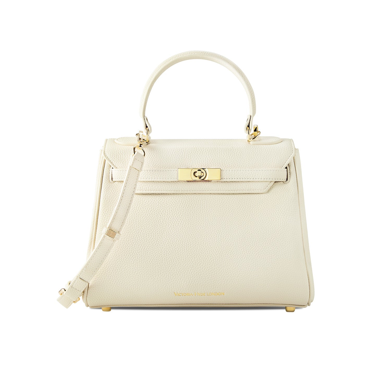 Victoria Hyde Victoria Moonlight White handbag in PU leather with gold hardware, detachable strap, organized interior for elegant daily use.