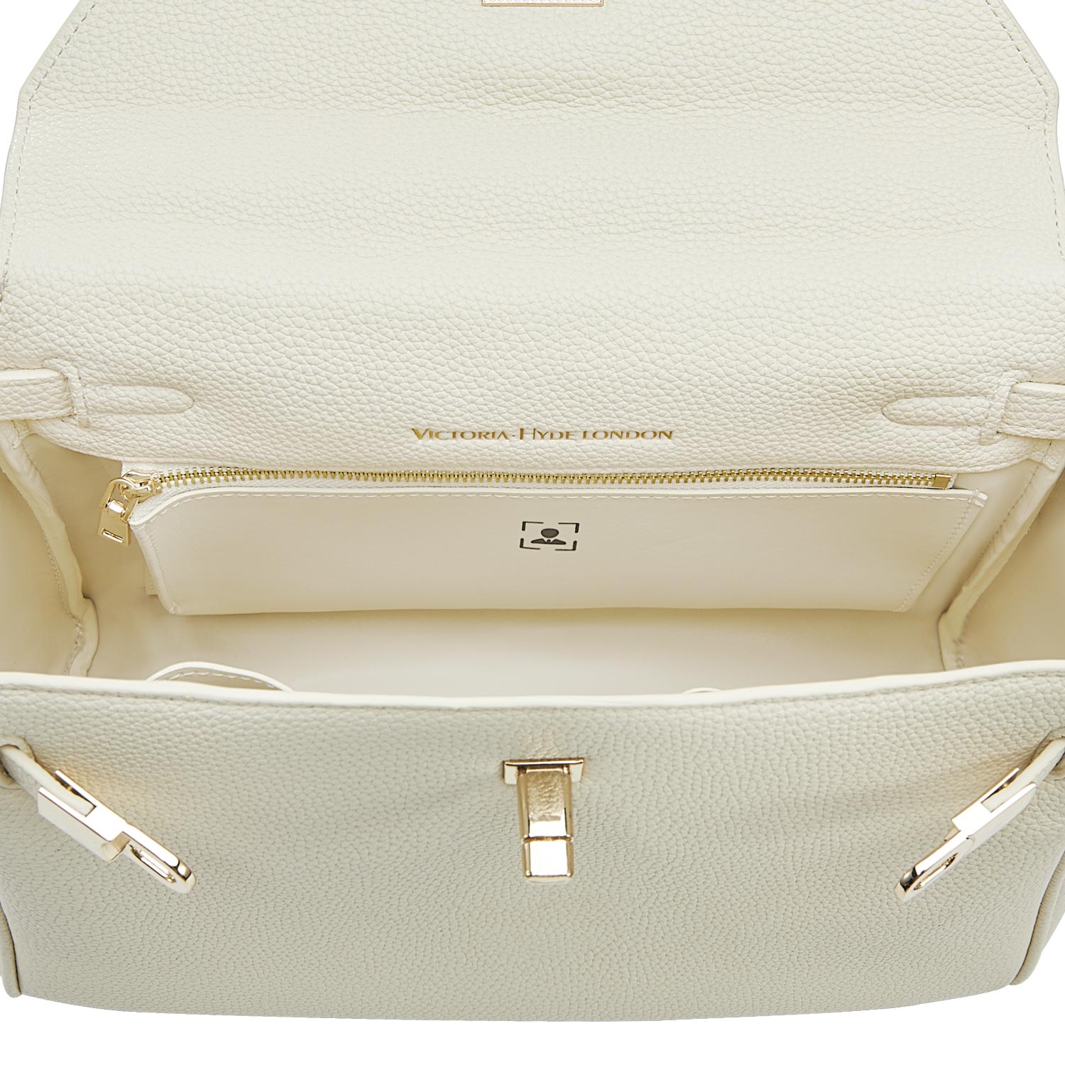 Victoria Hyde Victoria Moonlight White handbag in PU leather with gold hardware, detachable strap, organized interior for elegant daily use.