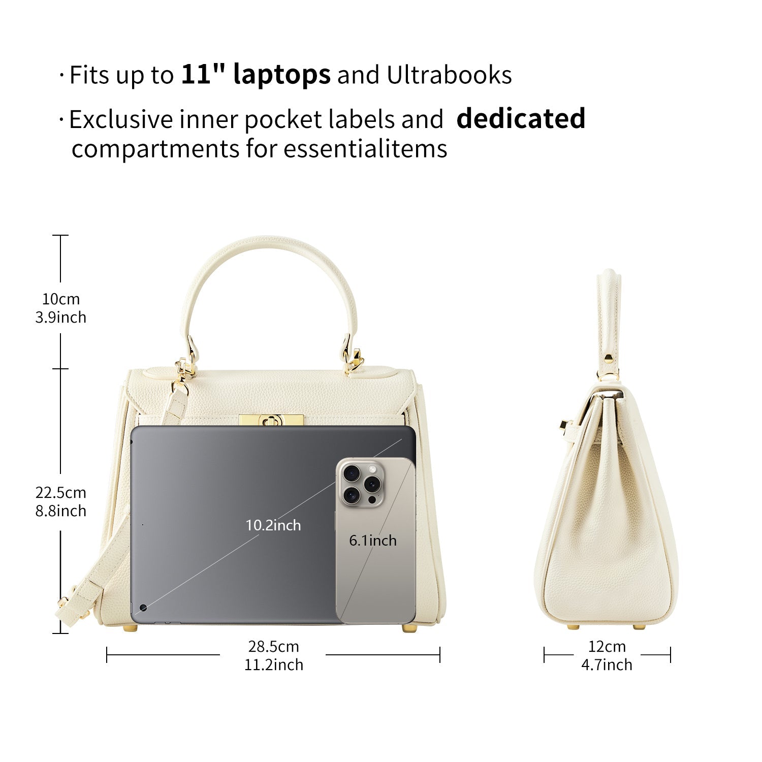 Victoria Hyde Victoria Moonlight White handbag in PU leather with gold hardware, detachable strap, organized interior for elegant daily use.
