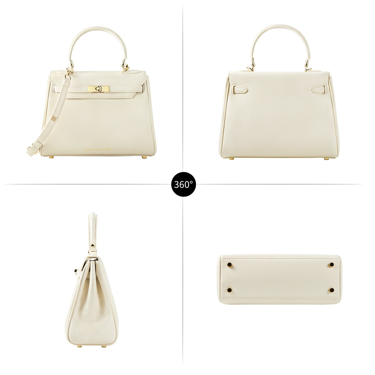 Victoria Hyde Victoria Moonlight White handbag in PU leather with gold hardware, detachable strap, organized interior for elegant daily use.