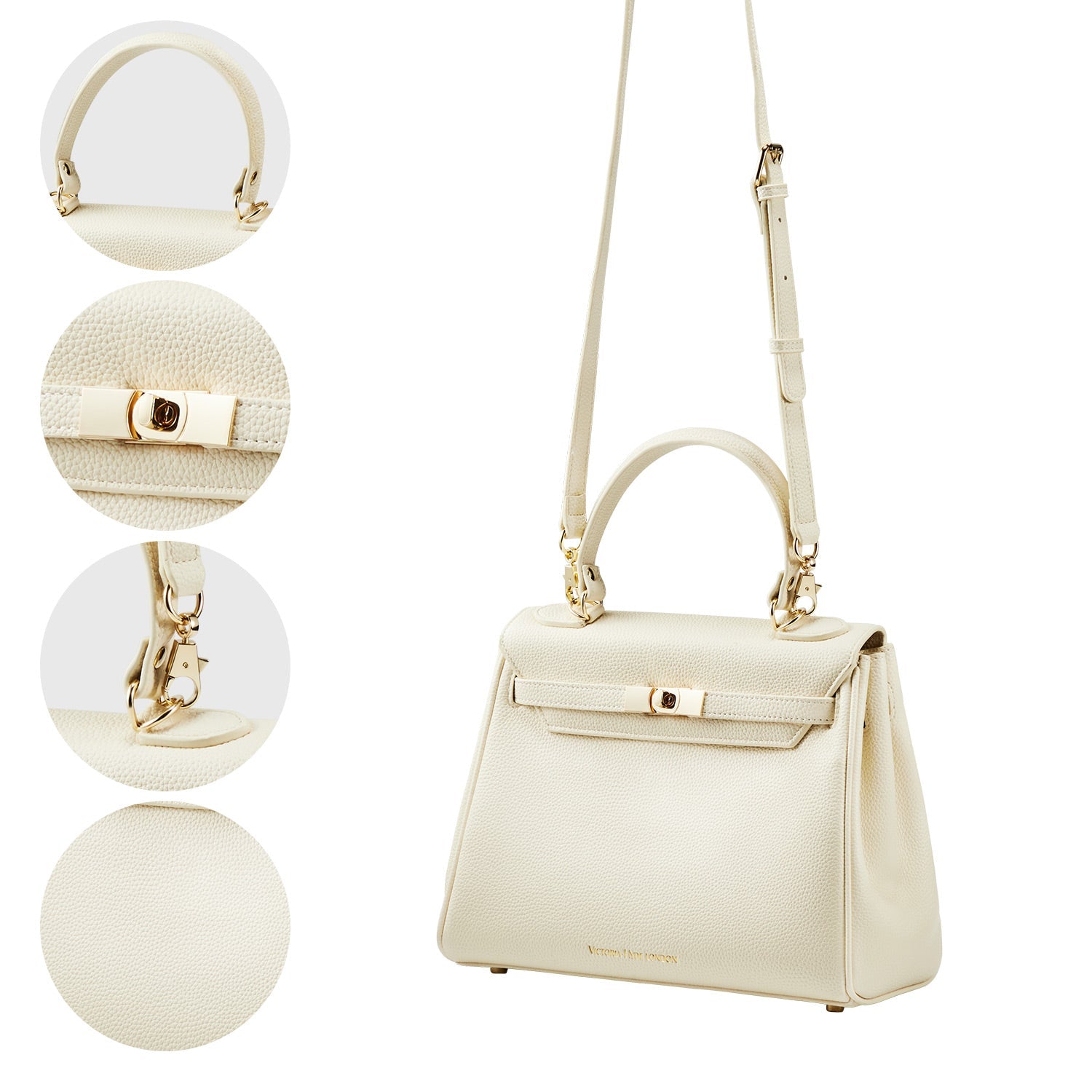 Victoria Hyde Victoria Moonlight White handbag in PU leather with gold hardware, detachable strap, organized interior for elegant daily use.
