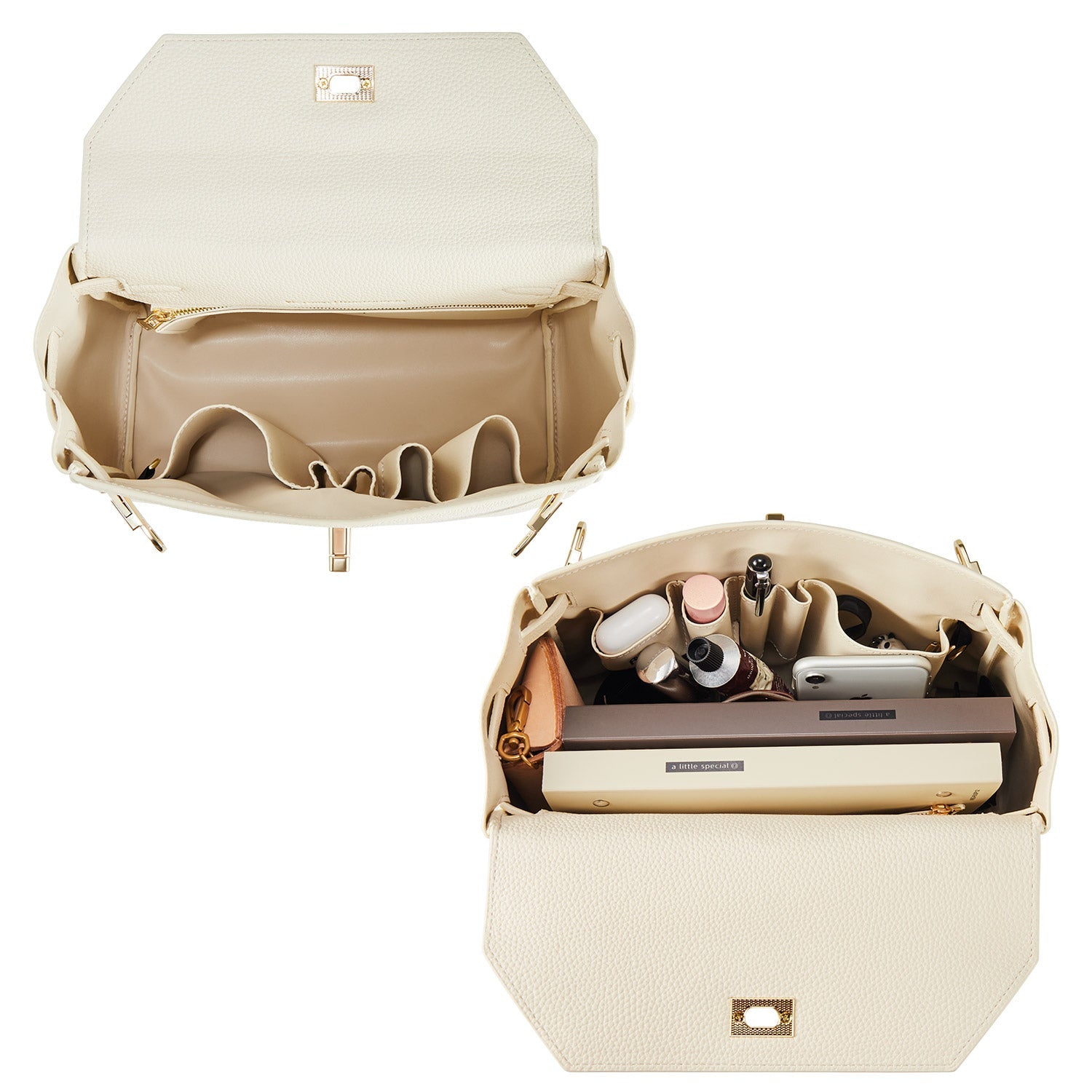 Victoria Hyde Victoria Moonlight White handbag in PU leather with gold hardware, detachable strap, organized interior for elegant daily use.