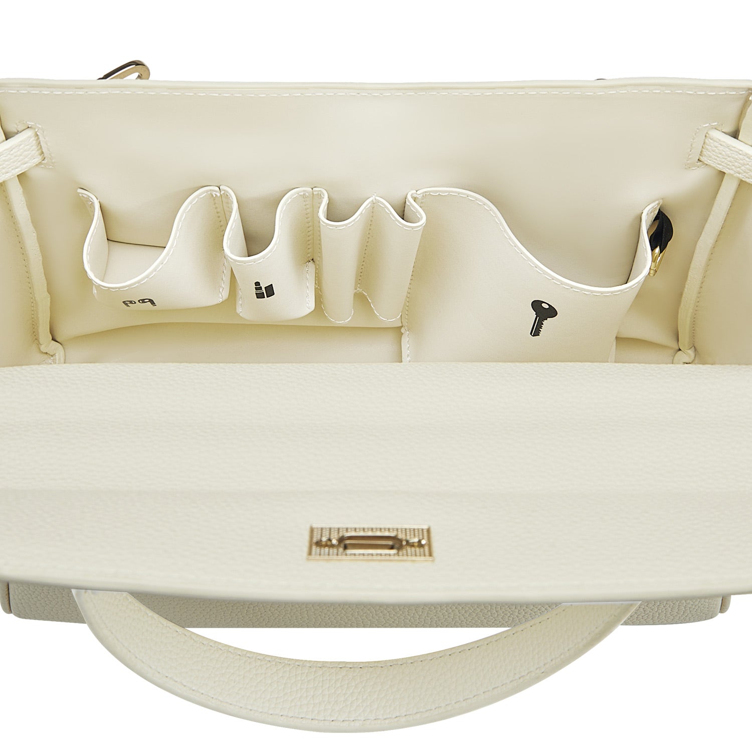 Victoria Hyde Victoria Moonlight White handbag in PU leather with gold hardware, detachable strap, organized interior for elegant daily use.