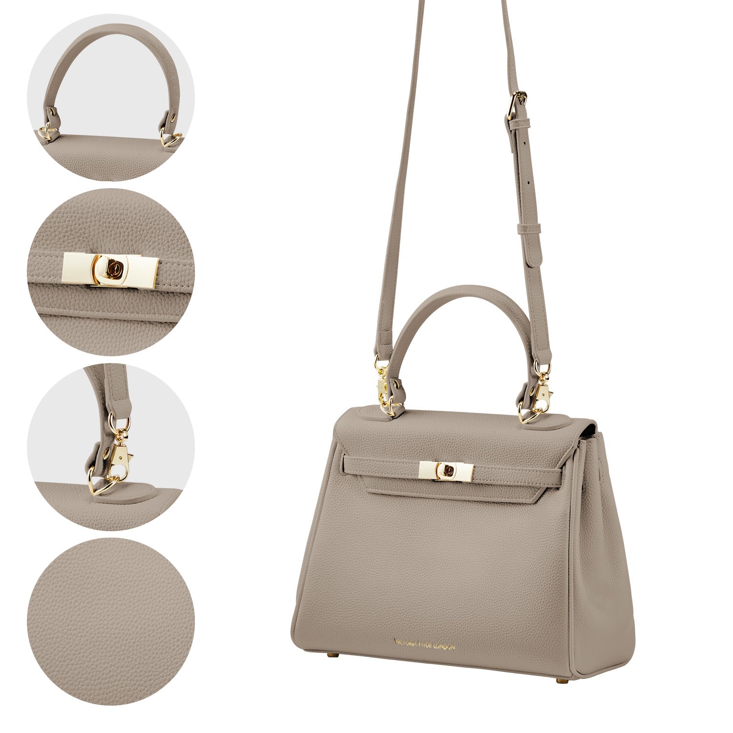 Victoria Hyde London nude women’s handbag – elegant, classic, stylish PU leather with light gold details, crossbody, shoulder or handheld carry.