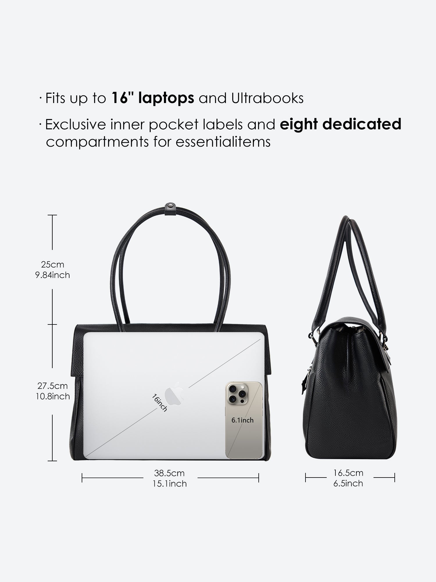 Victoria Hyde Jolene Large Black work bag – spacious laptop compartment fits 15", vegan microfiber leather, water-repellent, Shandong silk lining, perfect for working mothers.