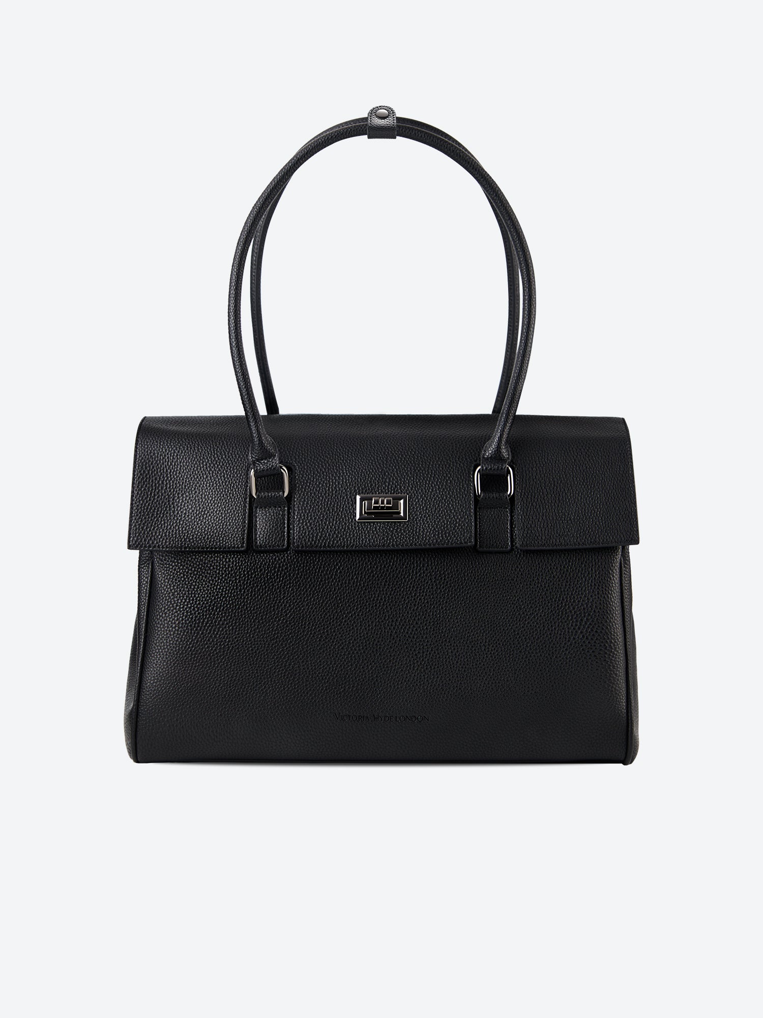 Victoria Hyde Jolene Large Black work bag – spacious laptop compartment fits 15", vegan microfiber leather, water-repellent, Shandong silk lining, perfect for working mothers.
