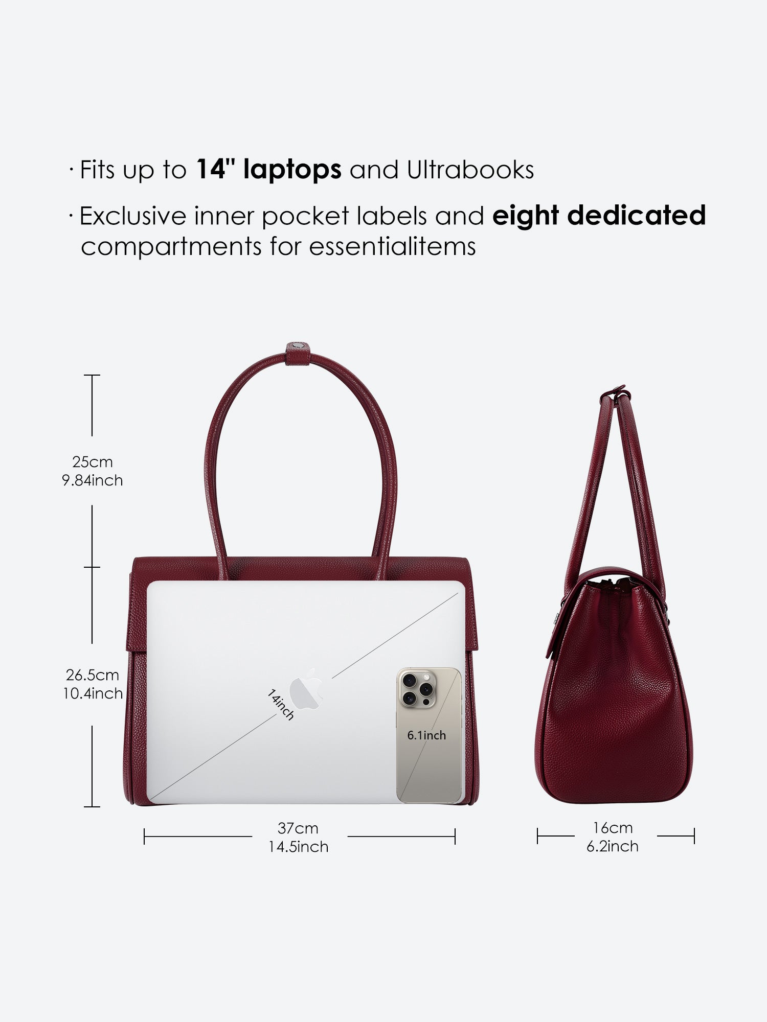 Victoria Hyde Jolene large green work bag: vegan, water-repellent, scratch-resistant. Padded 15" laptop compartment, removable cosmetic bag. Dimensions 37x26.5x16 cm.
