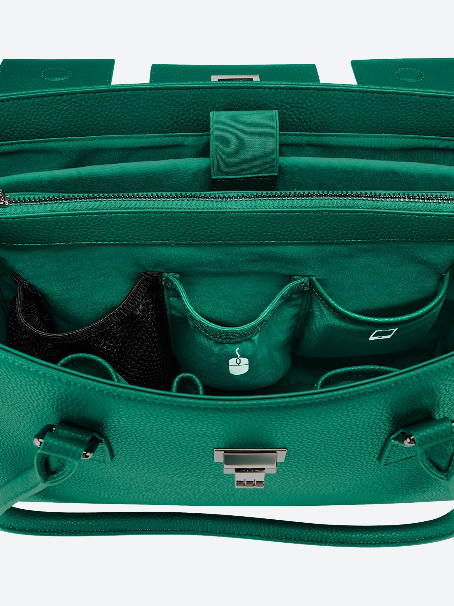 Green Victoria Hyde Jolene large work bag with padded laptop compartment, smart interior, removable cosmetic pouch, vegan, water-repellent, perfect for working mothers.