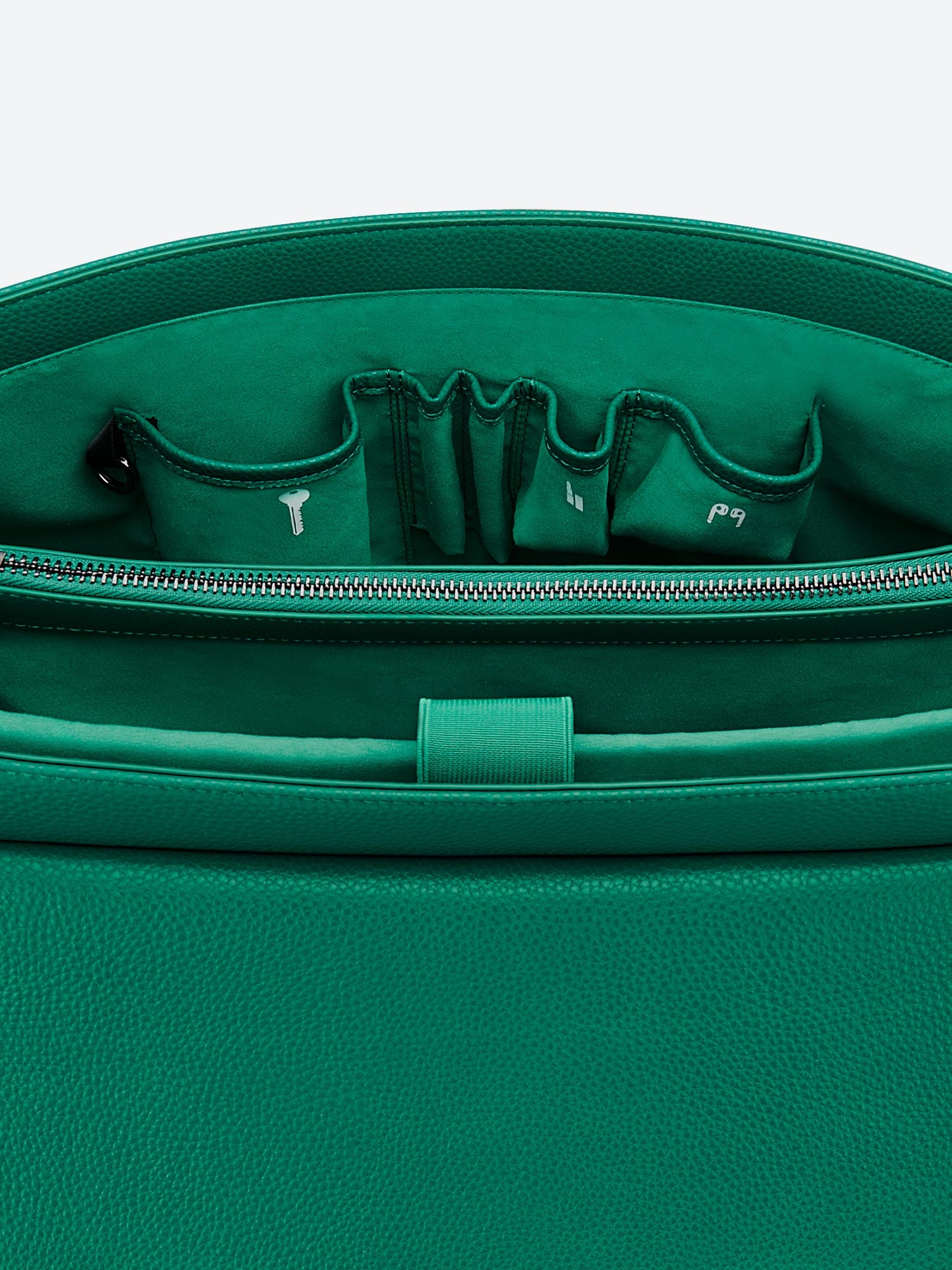 Green Victoria Hyde Jolene large work bag with padded laptop compartment, smart interior, removable cosmetic pouch, vegan, water-repellent, perfect for working mothers.