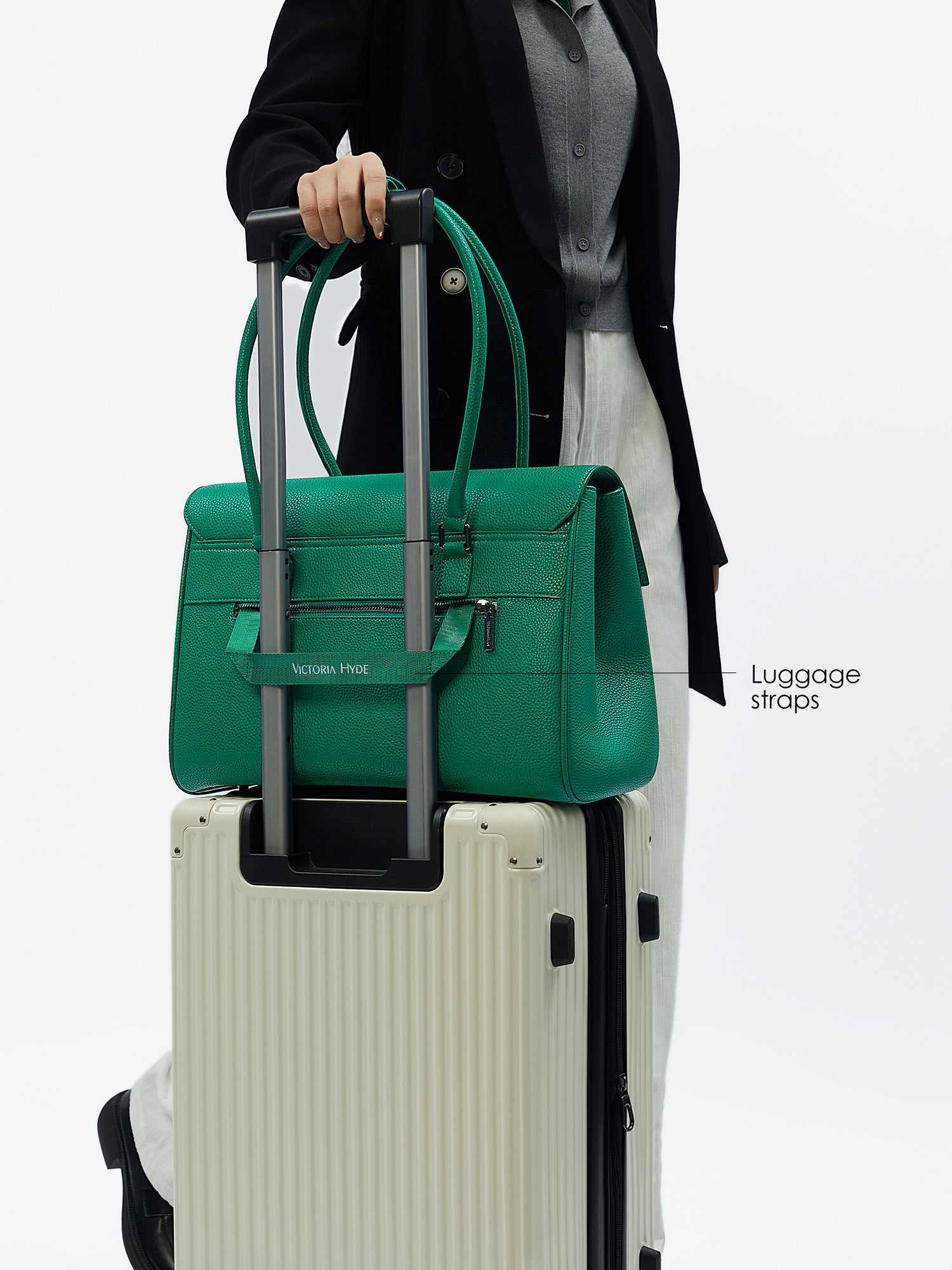 Green Victoria Hyde Jolene large work bag with padded laptop compartment, smart interior, removable cosmetic pouch, vegan, water-repellent, perfect for working mothers.