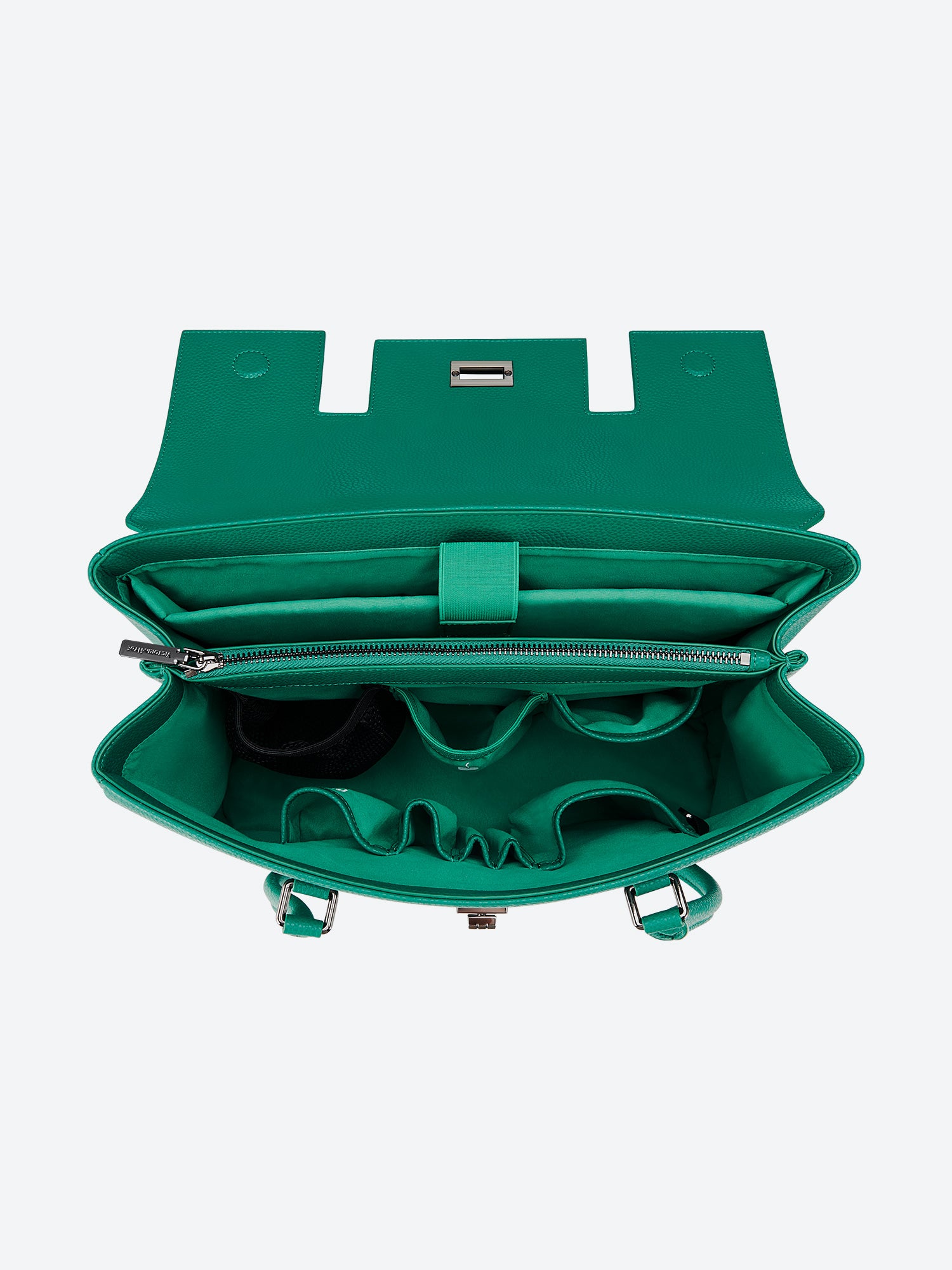 Green Victoria Hyde Jolene large work bag with padded laptop compartment, smart interior, removable cosmetic pouch, vegan, water-repellent, perfect for working mothers.