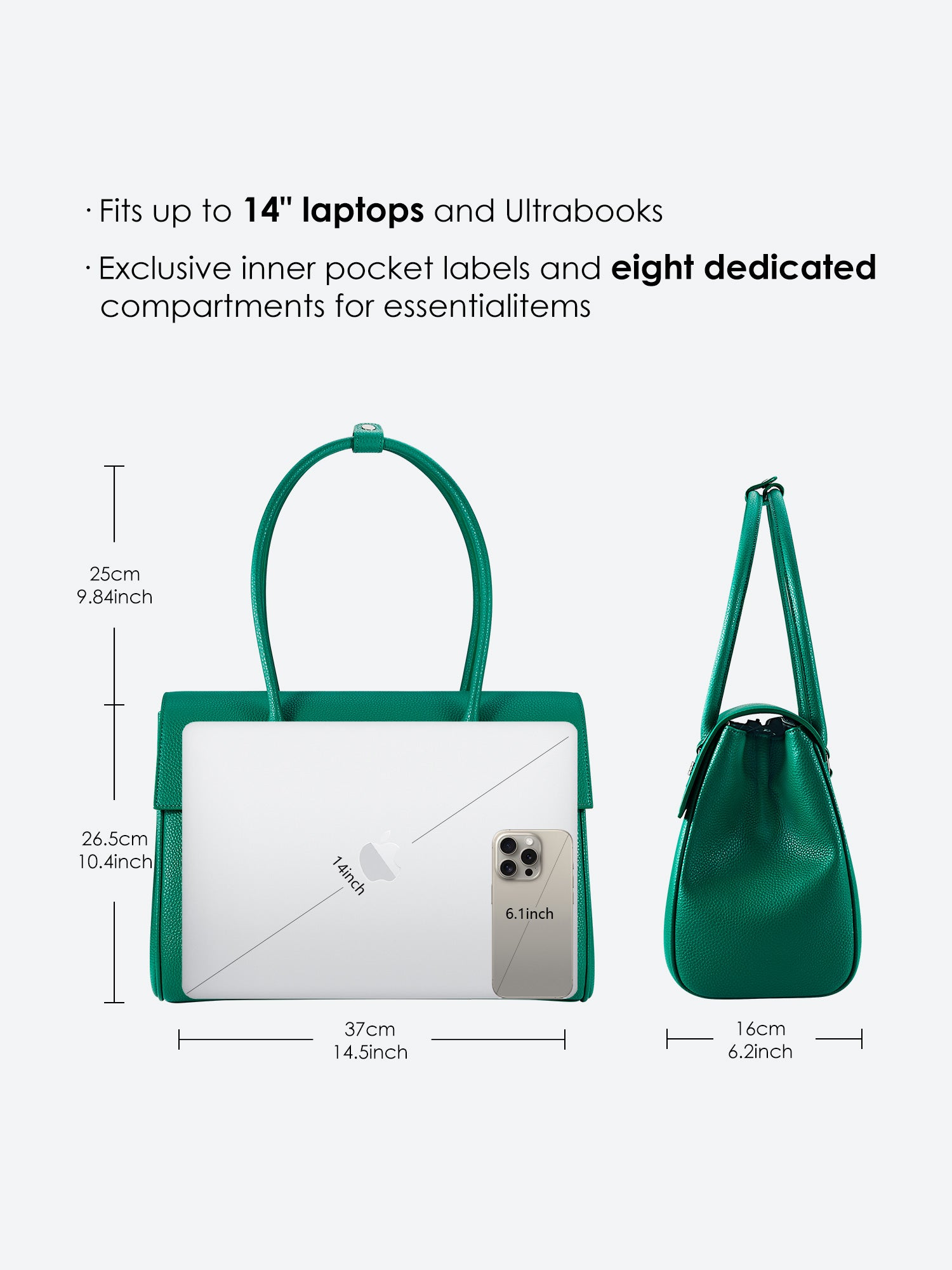 Green Victoria Hyde Jolene large work bag with padded laptop compartment, smart interior, removable cosmetic pouch, vegan, water-repellent, perfect for working mothers.