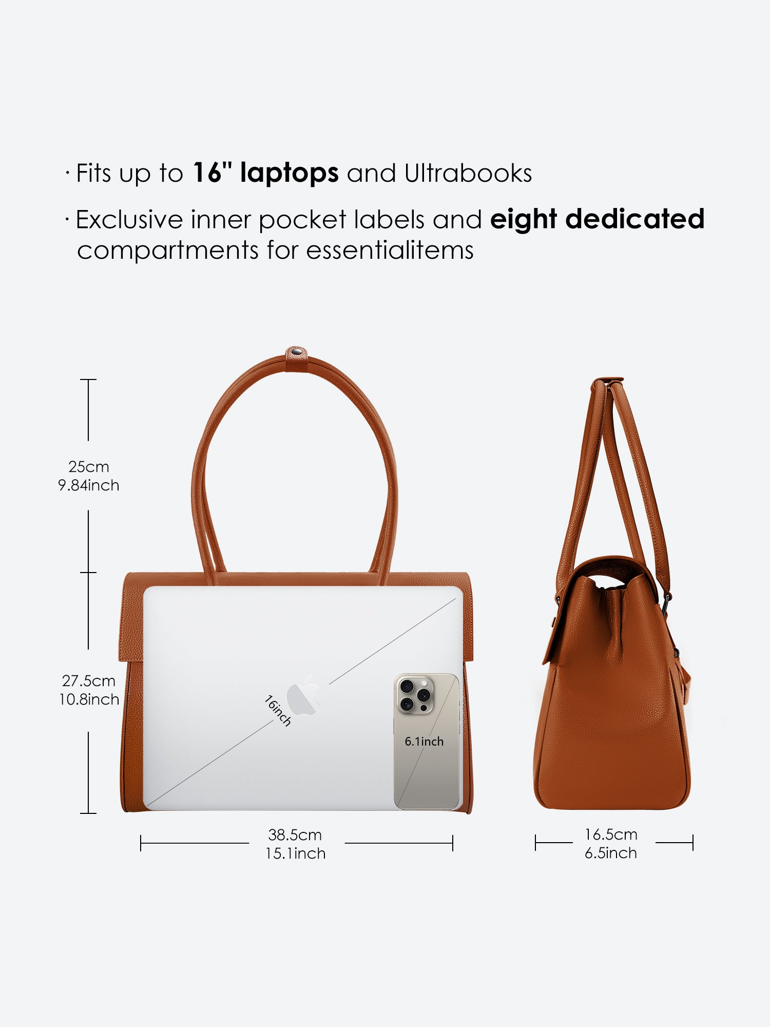 Victoria Hyde Jolene large brown work bag with 16" laptop compartment, removable cosmetic pouch, vegan, water-repellent, smart organization.