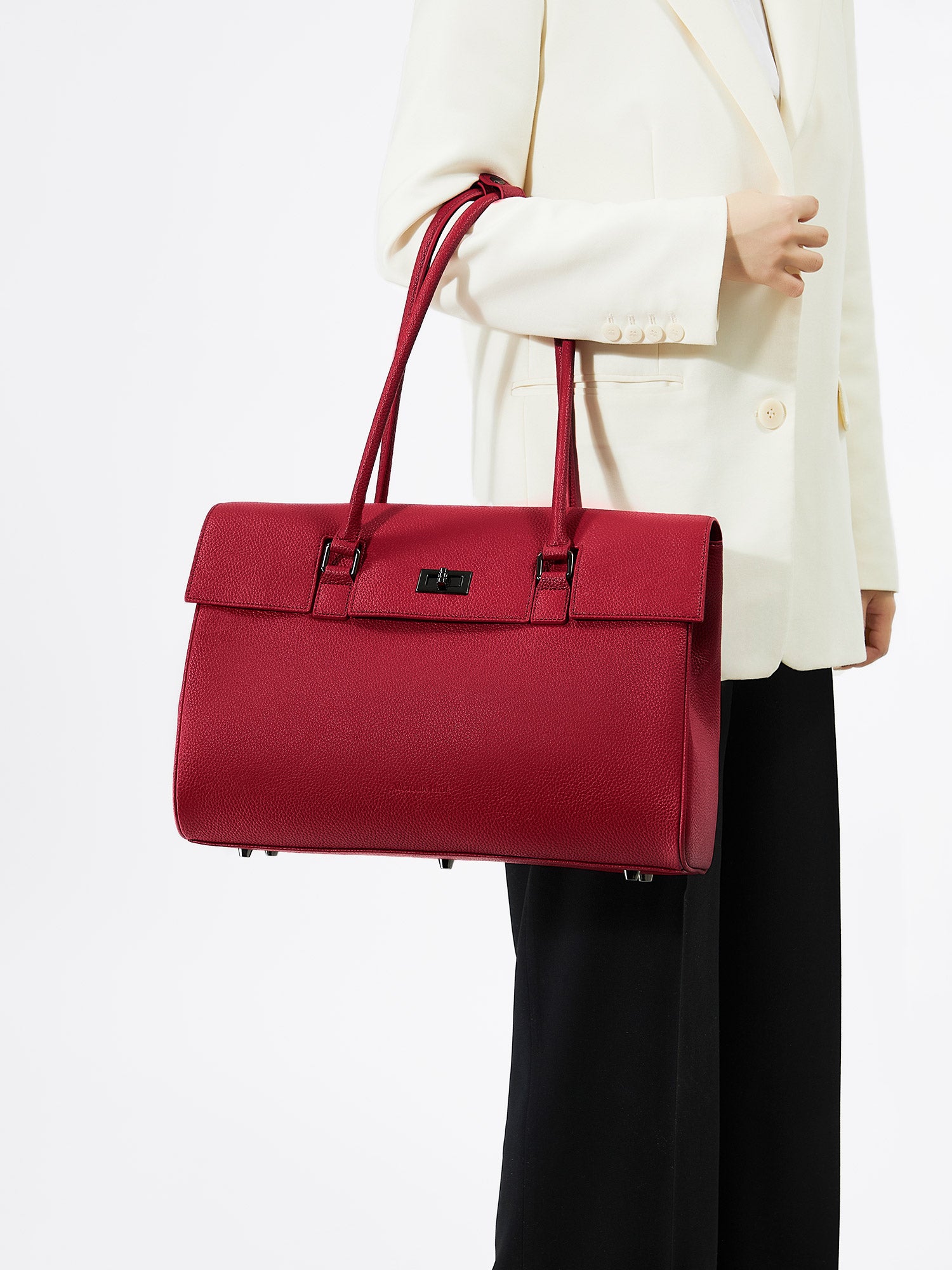 Victoria Hyde Jolene large tote in Garnet Red. Microfiber leather, fits 16" laptop, removable pouch, smart interior, water-repellent.