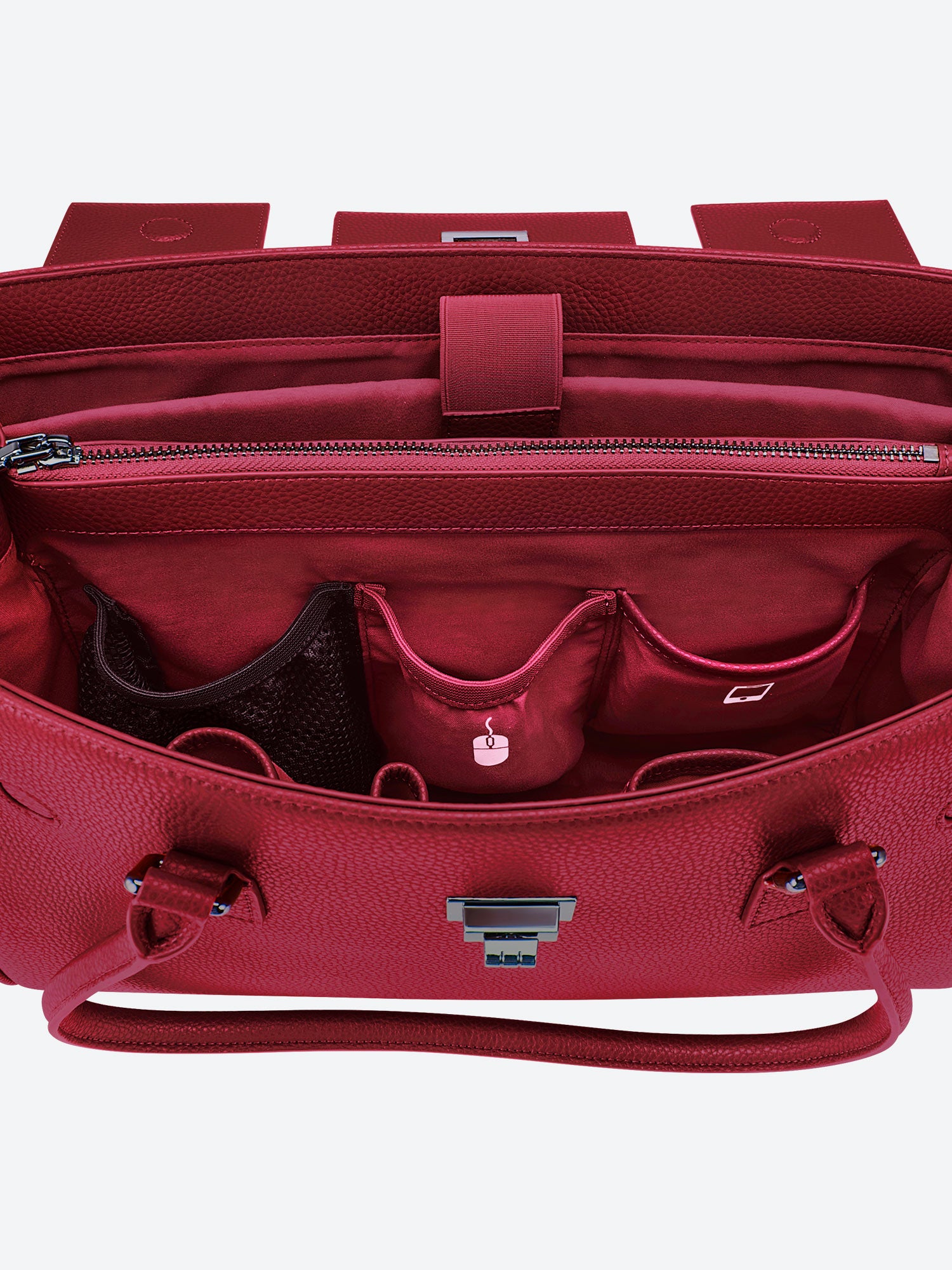 Victoria Hyde Jolene large tote in Garnet Red. Microfiber leather, fits 16" laptop, removable pouch, smart interior, water-repellent.