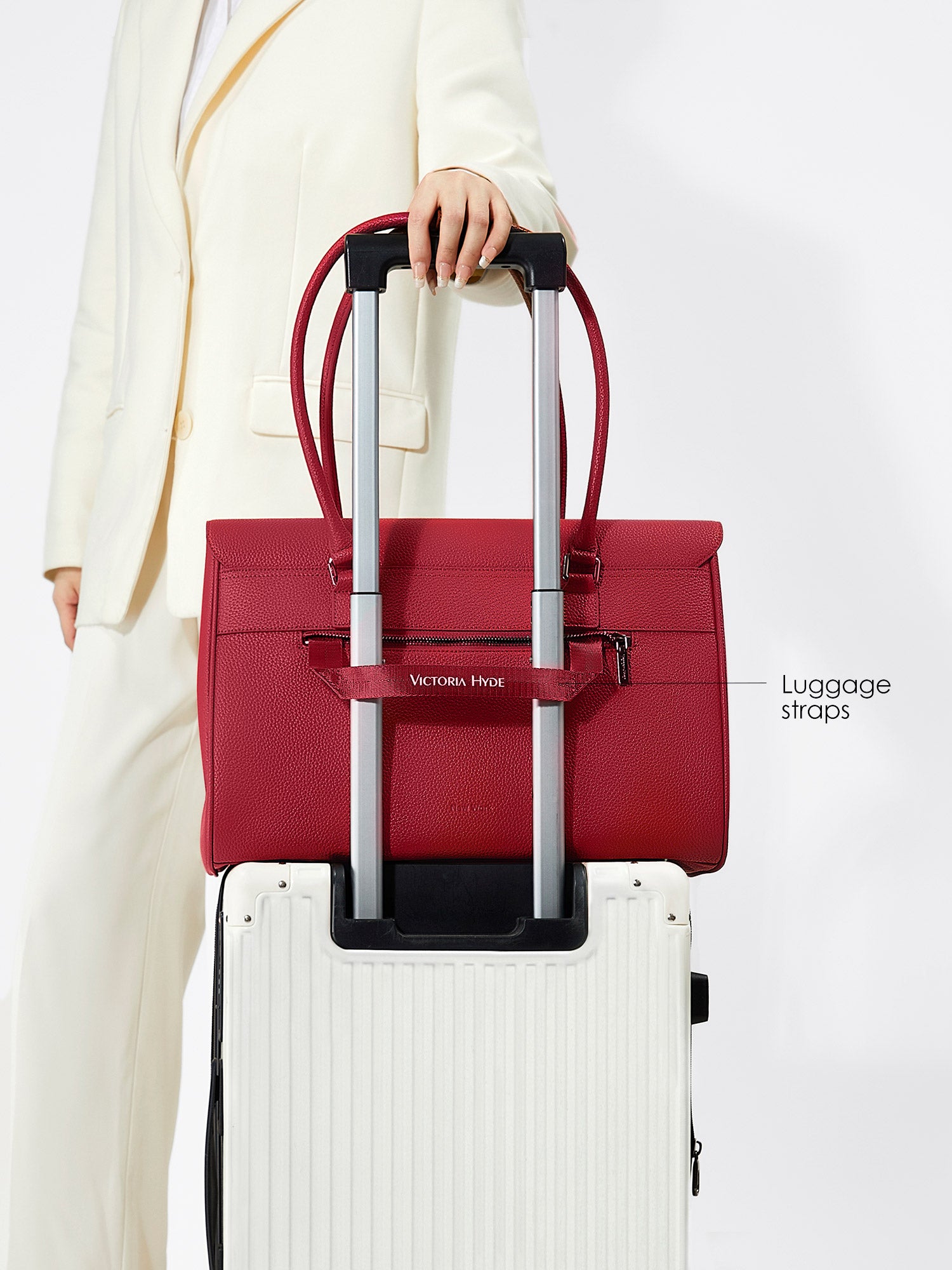 Victoria Hyde Jolene large tote in Garnet Red. Microfiber leather, fits 16" laptop, removable pouch, smart interior, water-repellent.