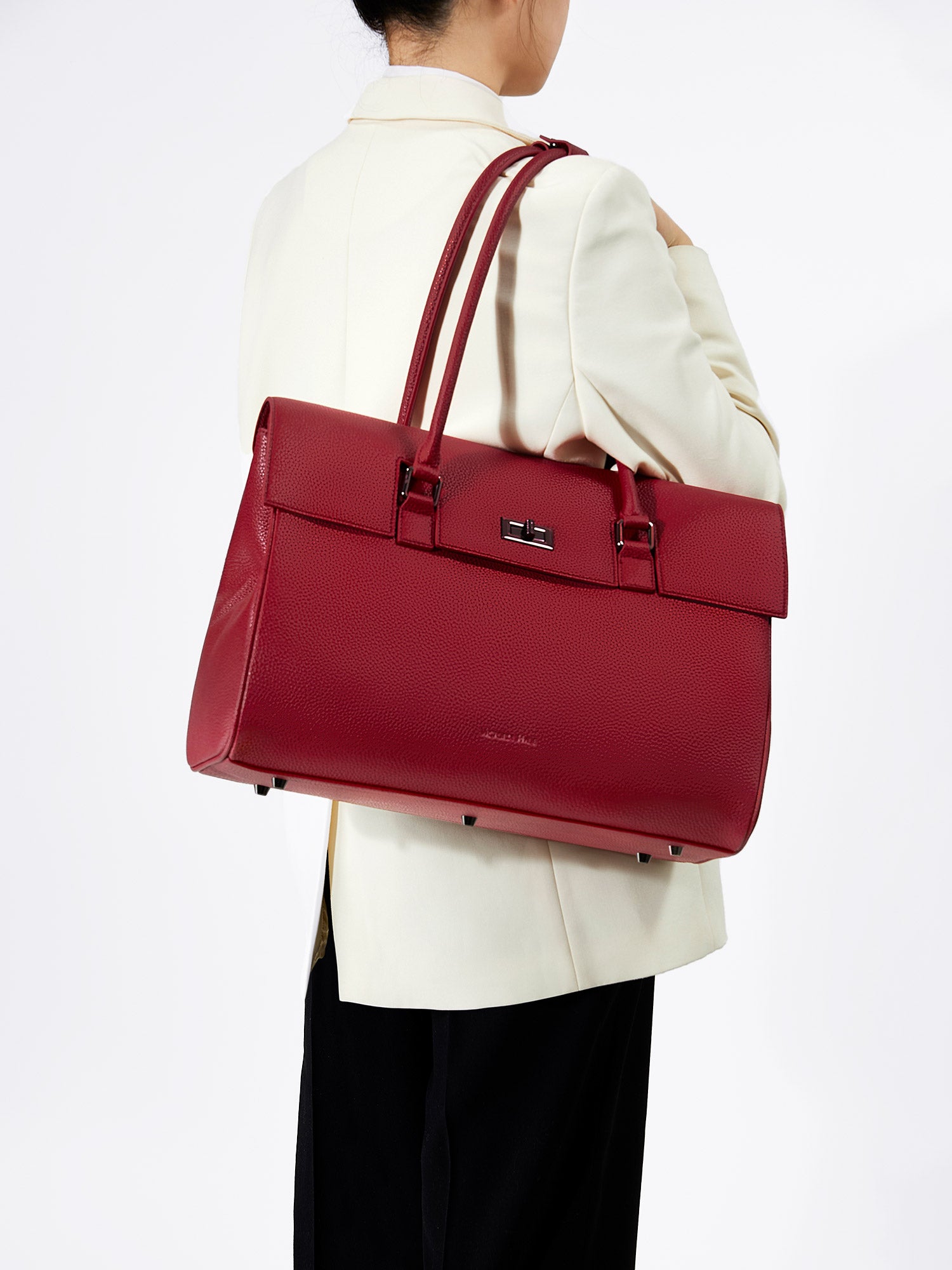 Victoria Hyde Jolene large tote in Garnet Red. Microfiber leather, fits 16" laptop, removable pouch, smart interior, water-repellent.
