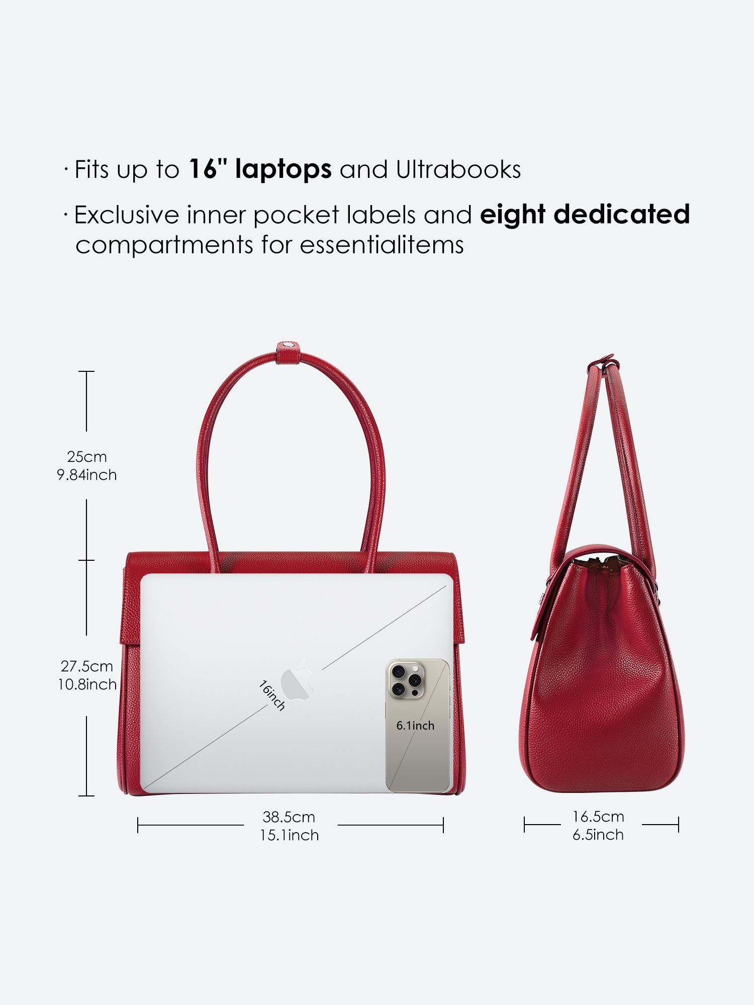 Victoria Hyde Jolene large tote in Garnet Red. Microfiber leather, fits 16" laptop, removable pouch, smart interior, water-repellent.