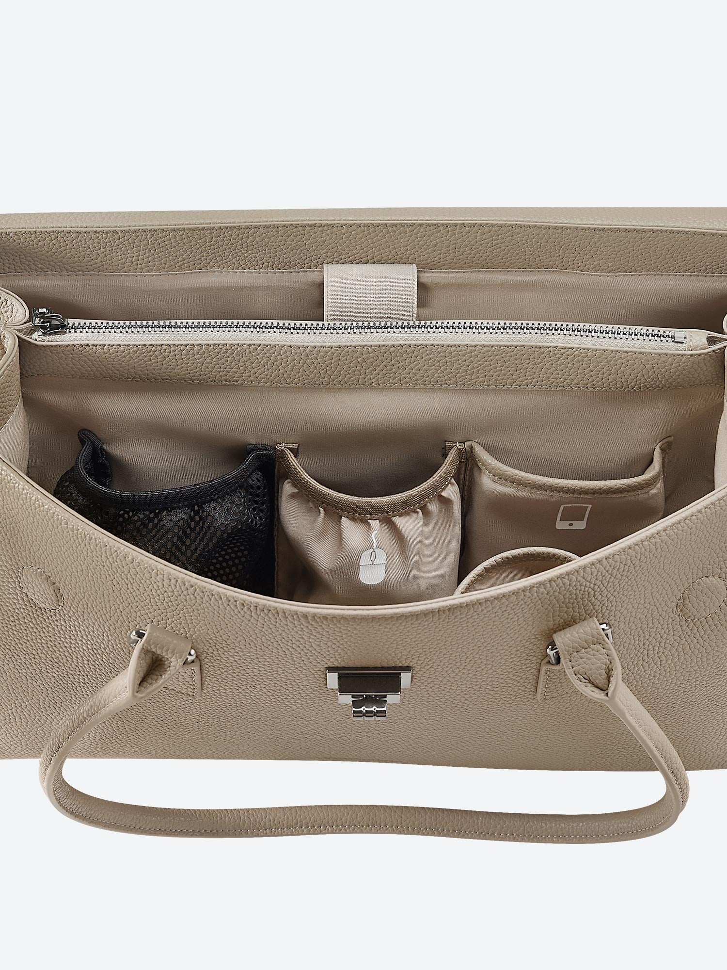 Victoria Hyde Jolene large beige work bag with 15" laptop compartment, removable cosmetic pouch, vegan, water-repellent, smart interior organization.
