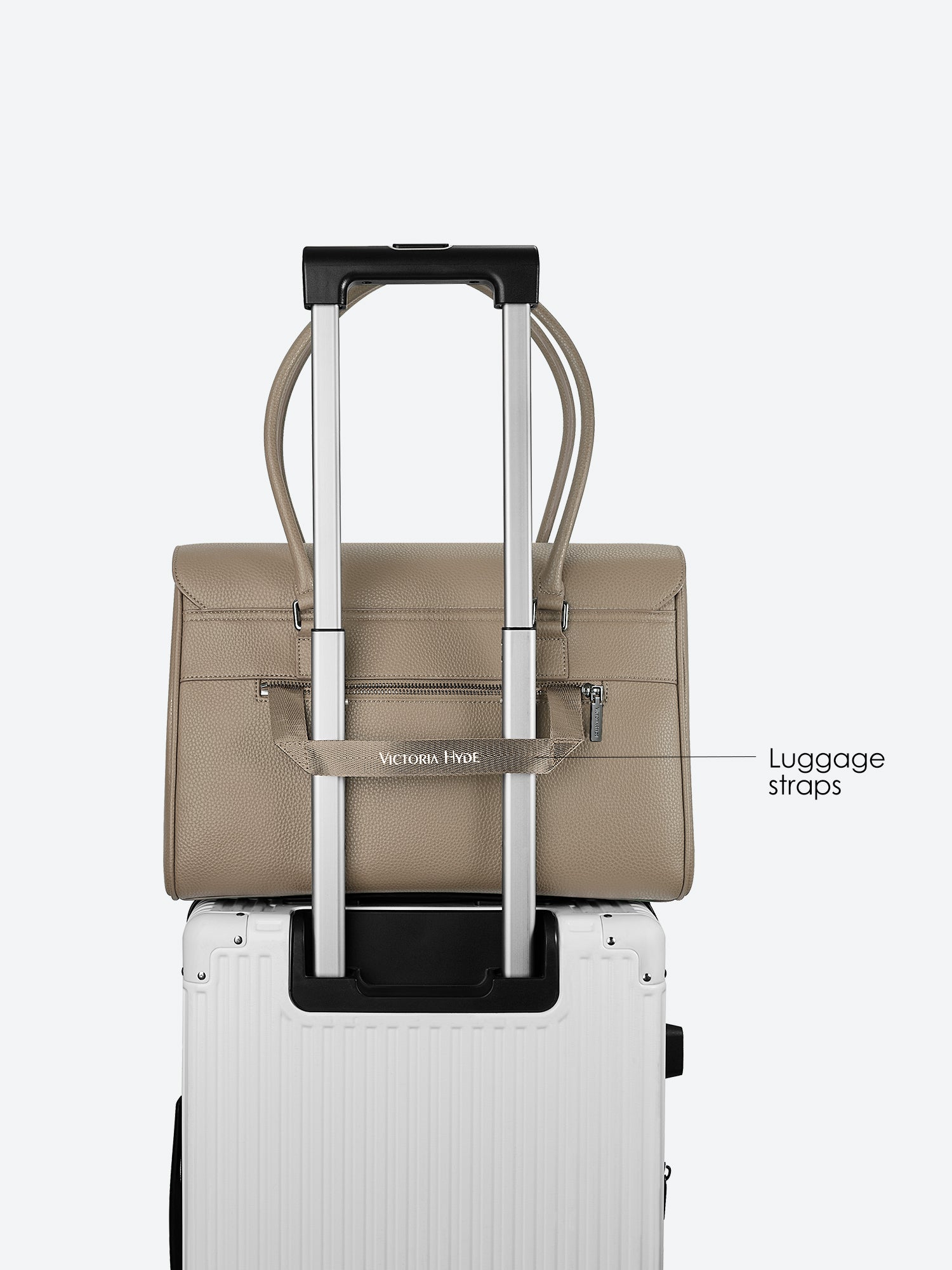 Victoria Hyde Jolene large beige work bag with 15" laptop compartment, removable cosmetic pouch, vegan, water-repellent, smart interior organization.
