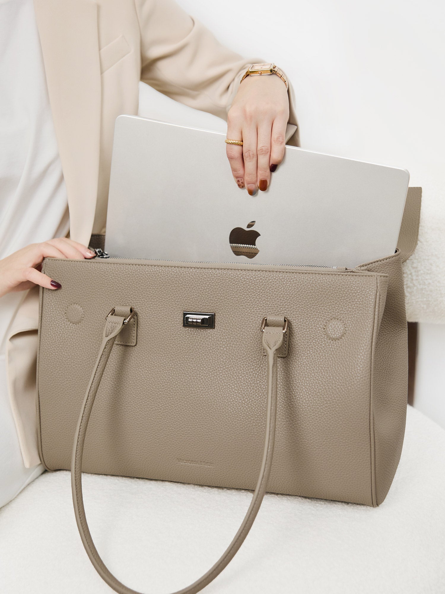 Victoria Hyde Jolene large beige work bag with 15" laptop compartment, removable cosmetic pouch, vegan, water-repellent, smart interior organization.