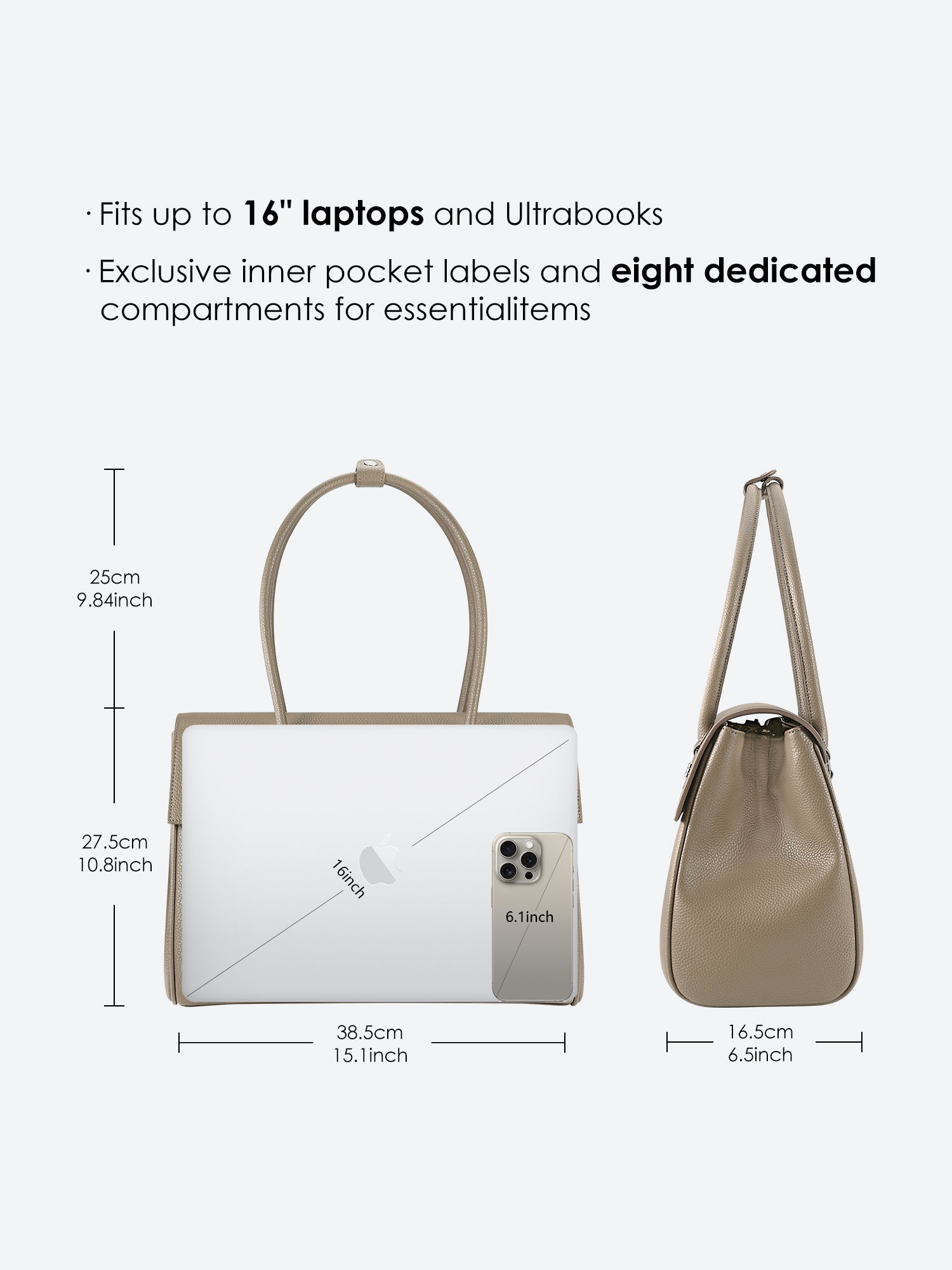Victoria Hyde Jolene large beige work bag with 15" laptop compartment, removable cosmetic pouch, vegan, water-repellent, smart interior organization.