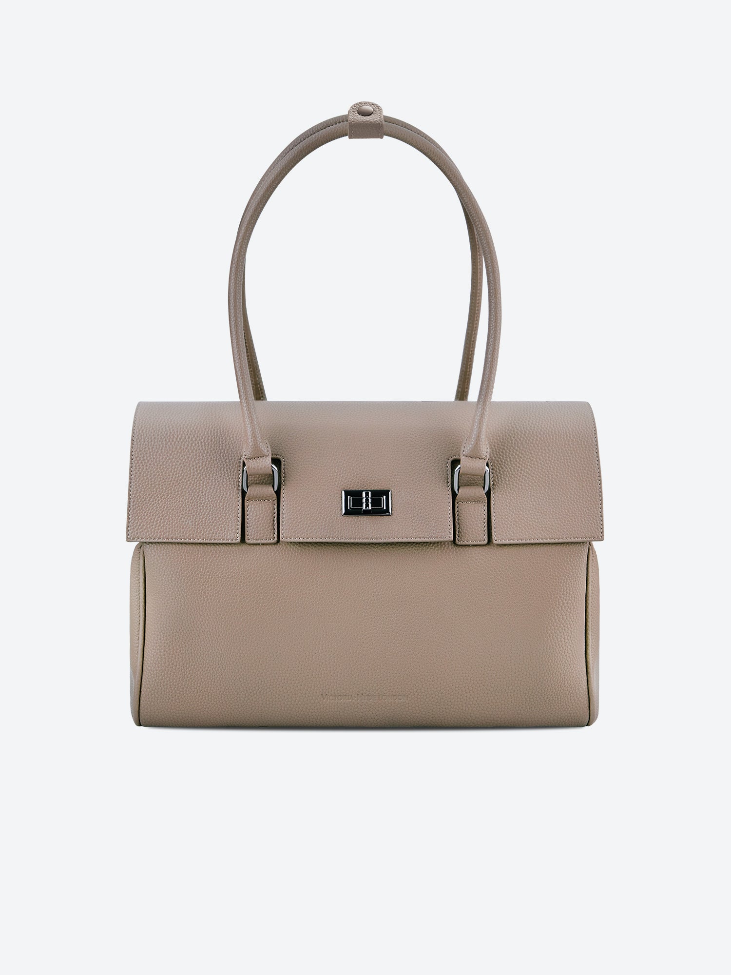 Victoria Hyde Jolene large beige work bag with 15" laptop compartment, removable cosmetic pouch, vegan, water-repellent, smart interior organization.