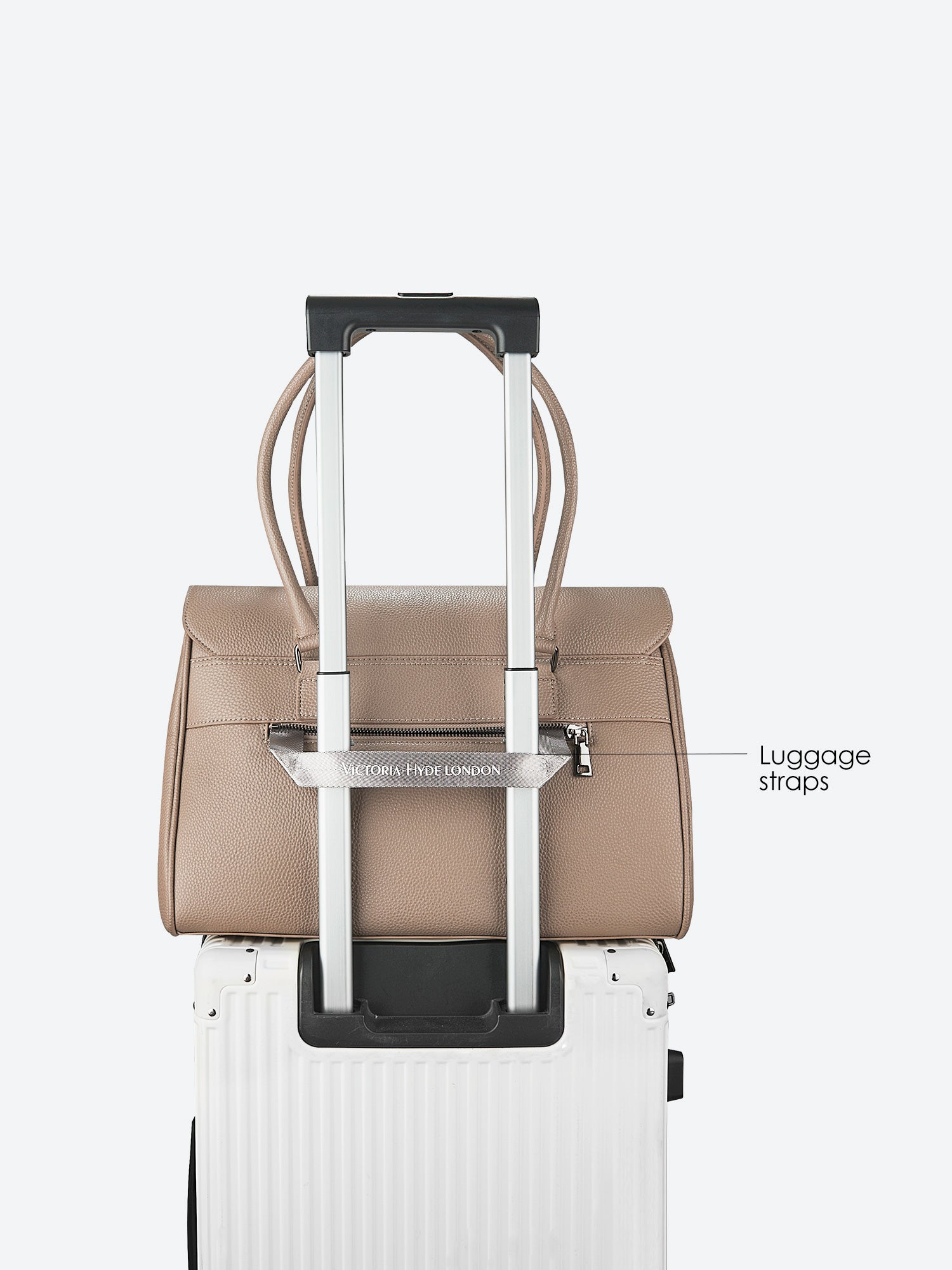 Victoria Hyde Jolene large beige work bag with 15" laptop compartment, removable cosmetic pouch, vegan, water-repellent, smart interior organization.