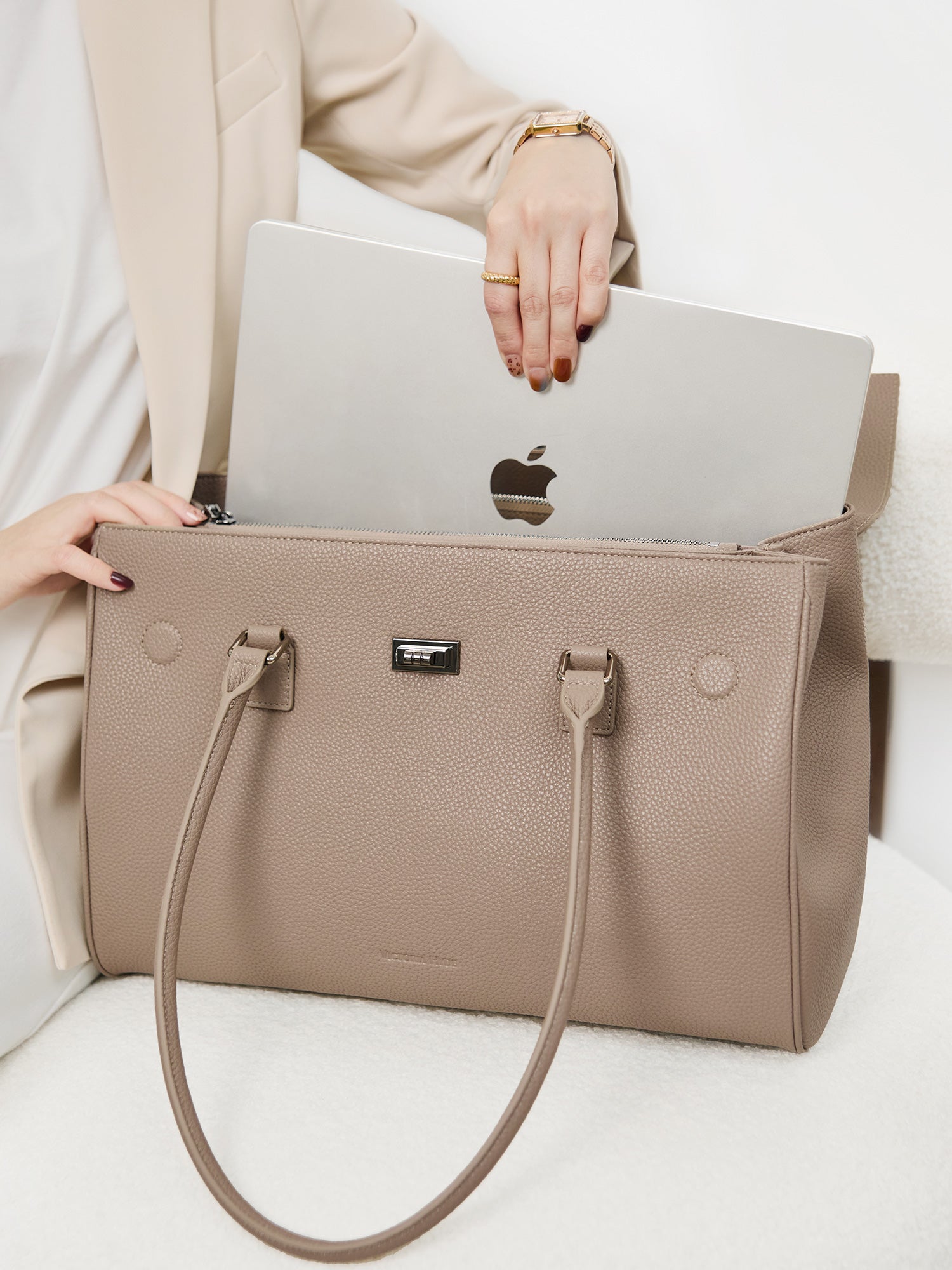 Victoria Hyde Jolene large beige work bag with 15" laptop compartment, removable cosmetic pouch, vegan, water-repellent, smart interior organization.