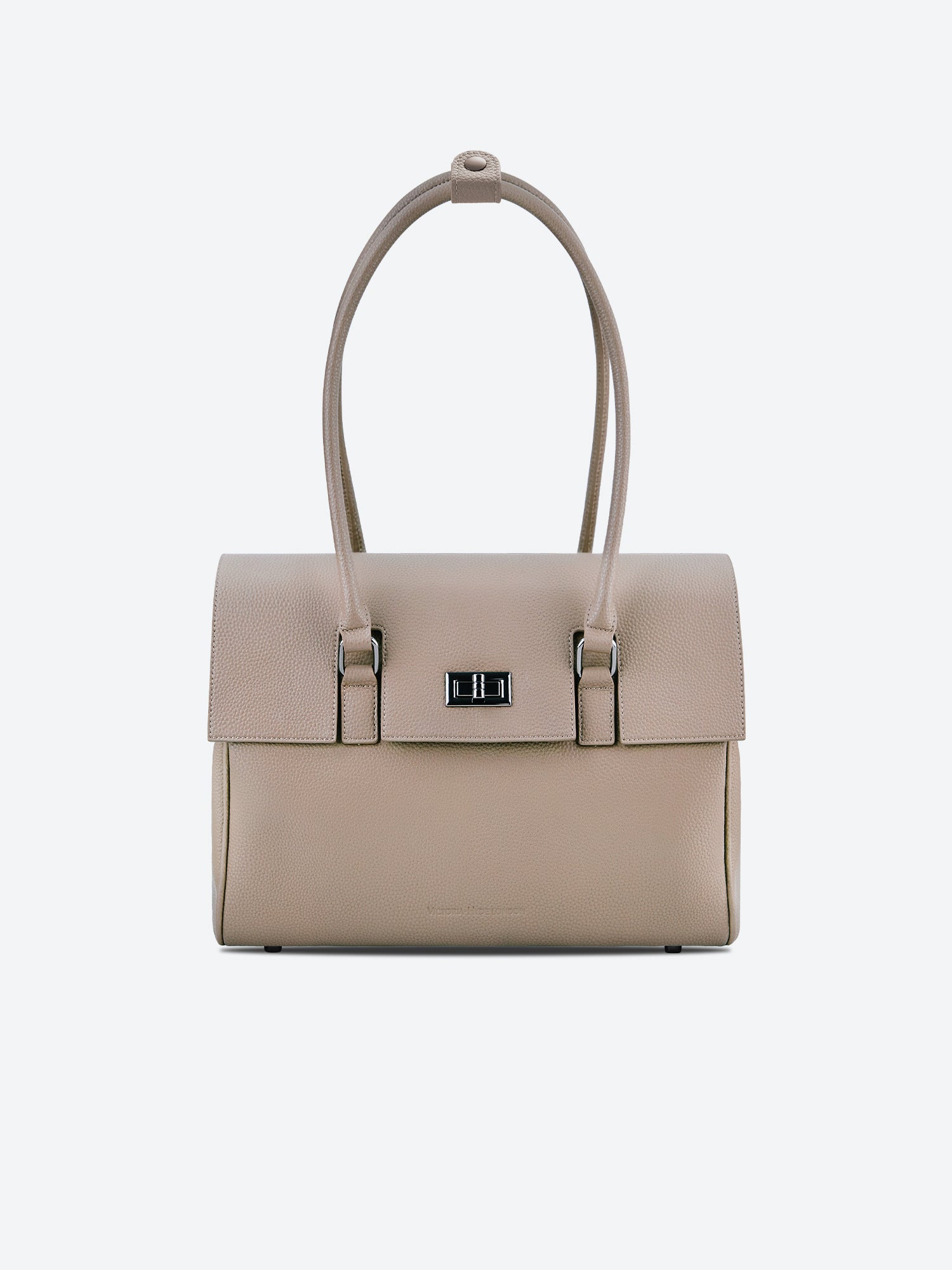 Victoria Hyde Jolene Small Beige work bag – fits 15" laptop, vegan leather, water-repellent, hidden luggage strap, perfect for working mothers.