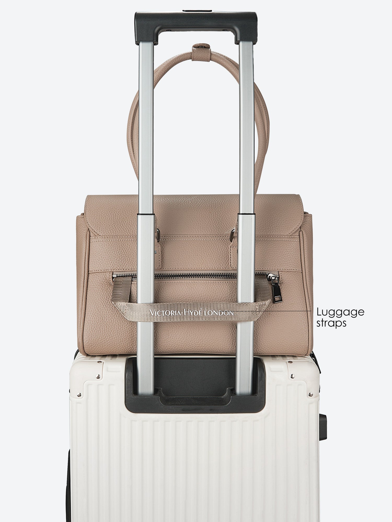 Victoria Hyde Jolene Small Beige work bag – fits 15" laptop, vegan leather, water-repellent, hidden luggage strap, perfect for working mothers.
