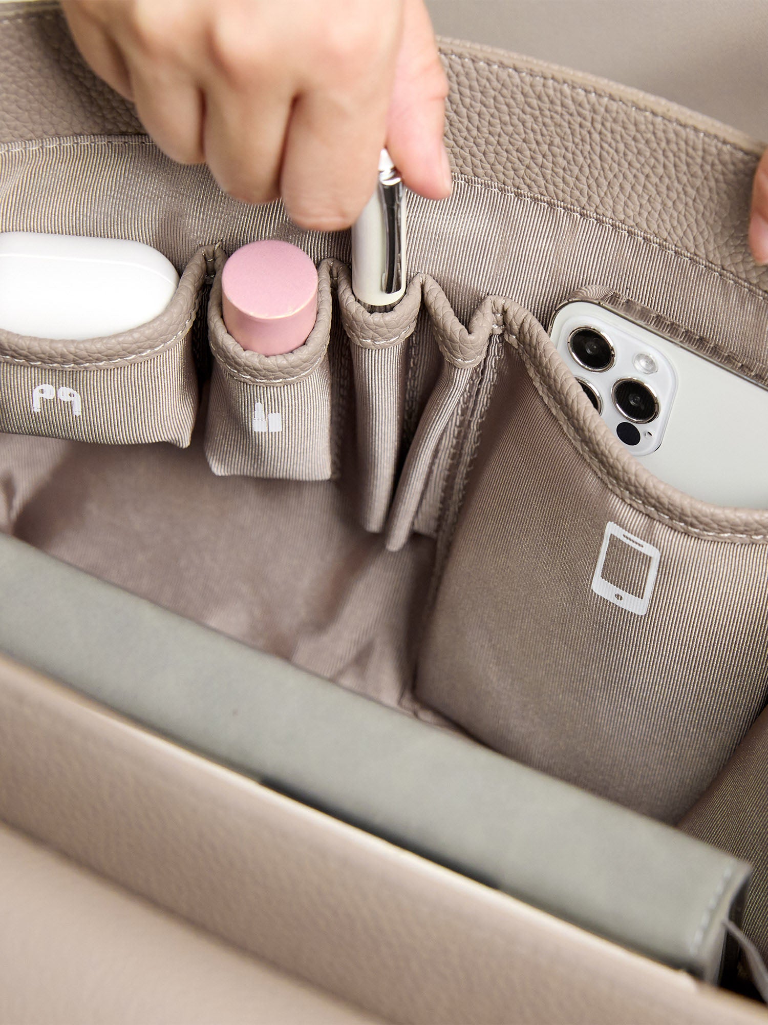 Victoria Hyde Jolene Small Beige work bag – fits 15" laptop, vegan leather, water-repellent, hidden luggage strap, perfect for working mothers.