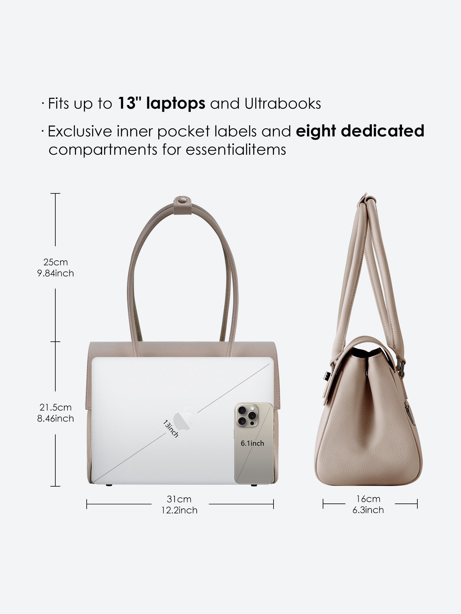 Victoria Hyde Jolene Small Beige work bag – fits 15" laptop, vegan leather, water-repellent, hidden luggage strap, perfect for working mothers.