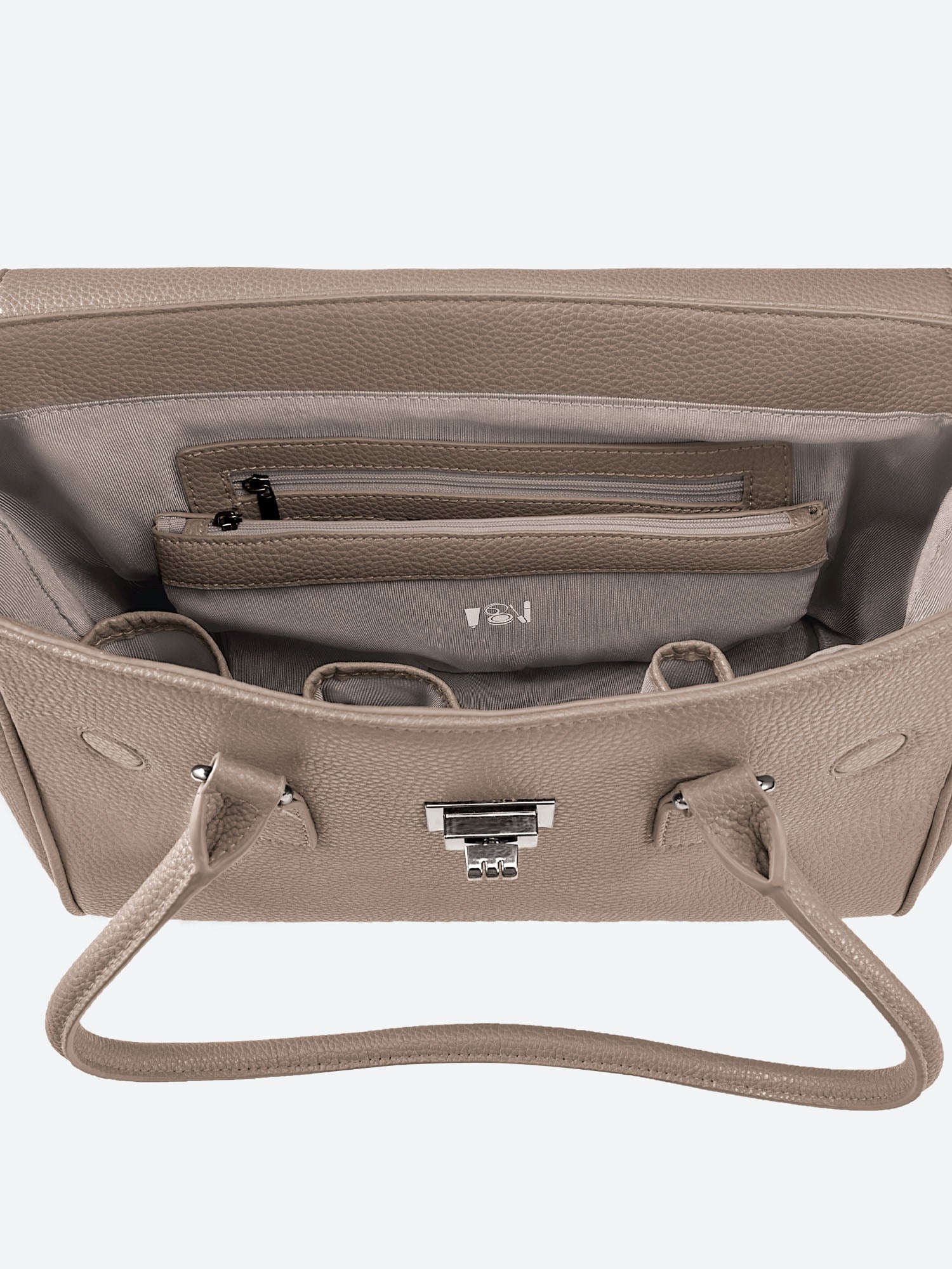 Victoria Hyde Jolene Small Beige work bag – fits 15" laptop, vegan leather, water-repellent, hidden luggage strap, perfect for working mothers.